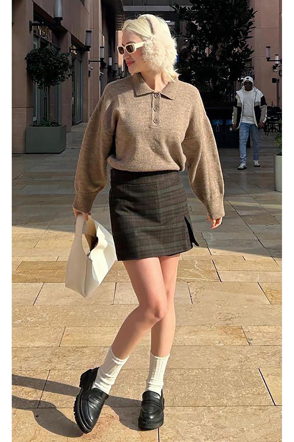 Madmext-Plaid Khaki Women's Shorts Skirt - Mg2316 2