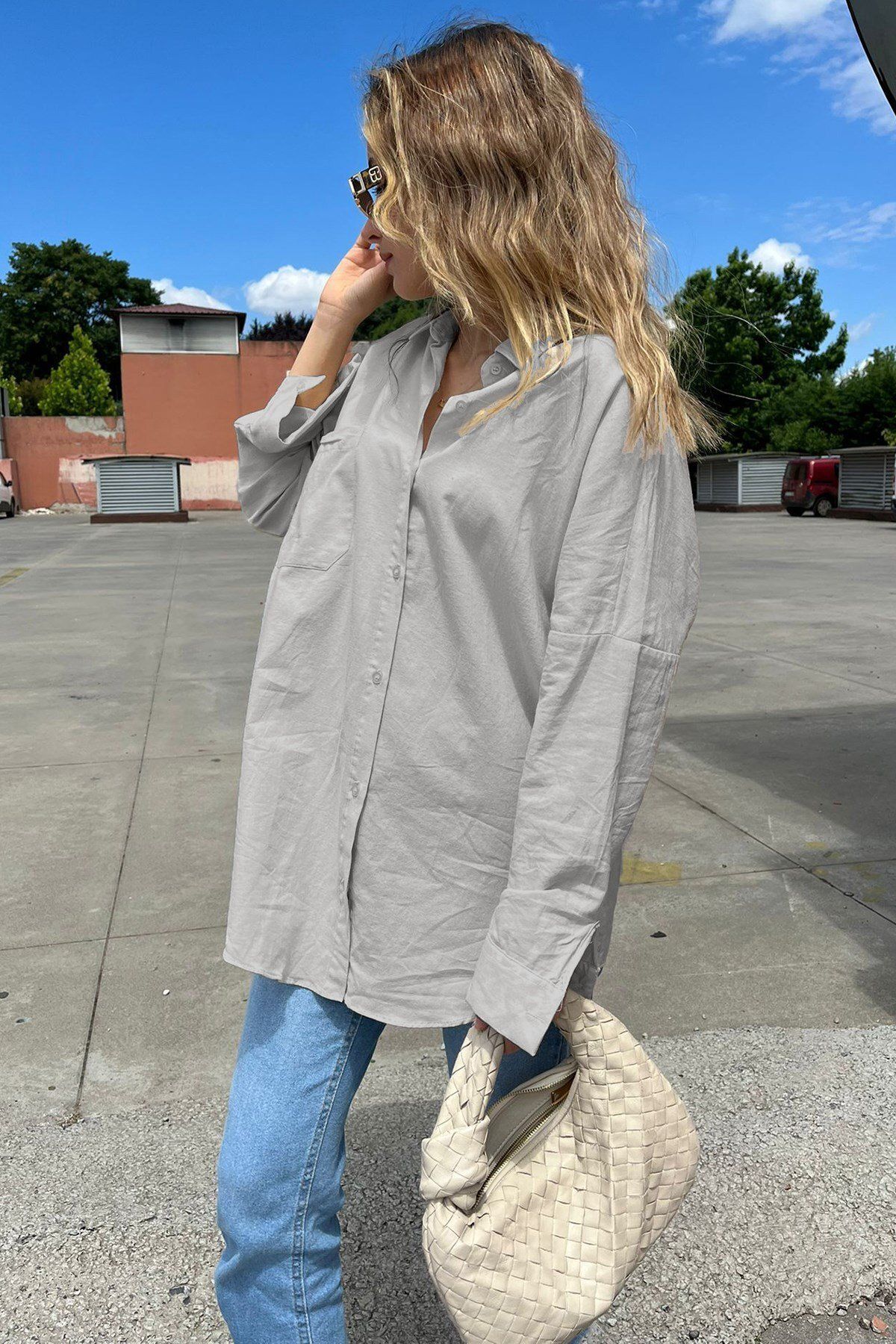 Madmext-Szürke Oversize Basic Pocket Poplin ing Mg1530 4