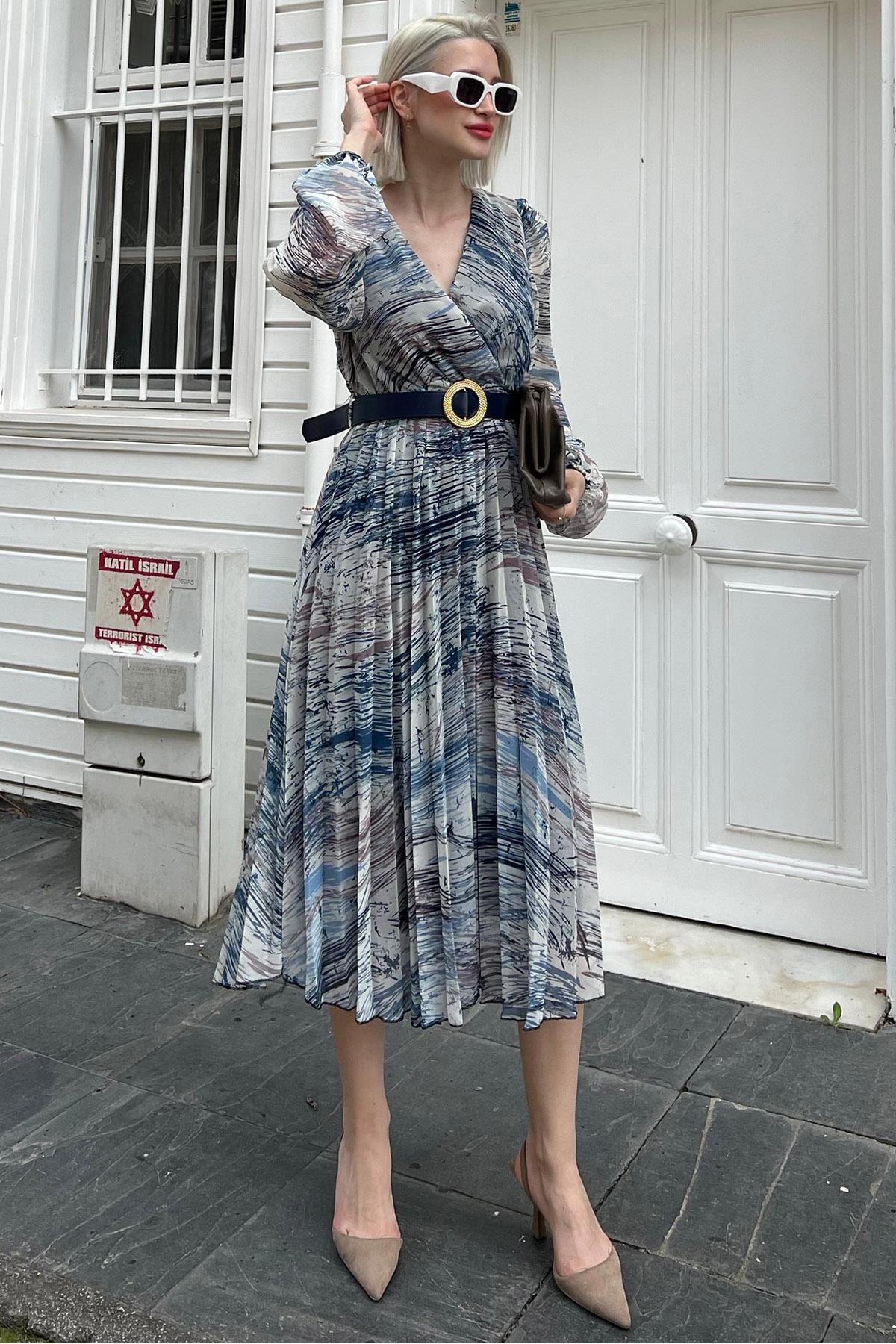 Madmext-Rochie albastră din șifon cu model la guler dublu MG2065 3