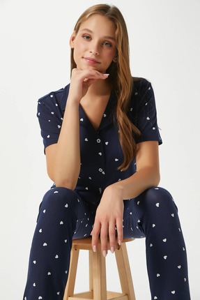 Ritnice Kadın Mia Yumuşak Doku Lacivert Kalp Desen Ön Düğmeli Kısa Kollu Pija...