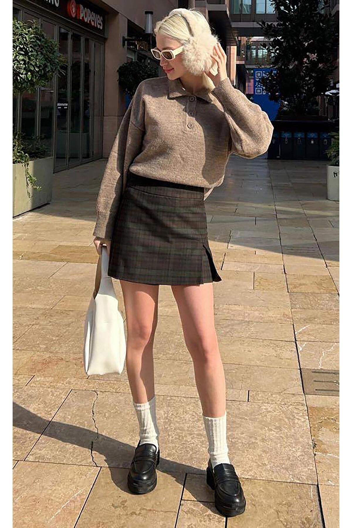 Madmext-Plaid Khaki Women's Shorts Skirt - Mg2316 6