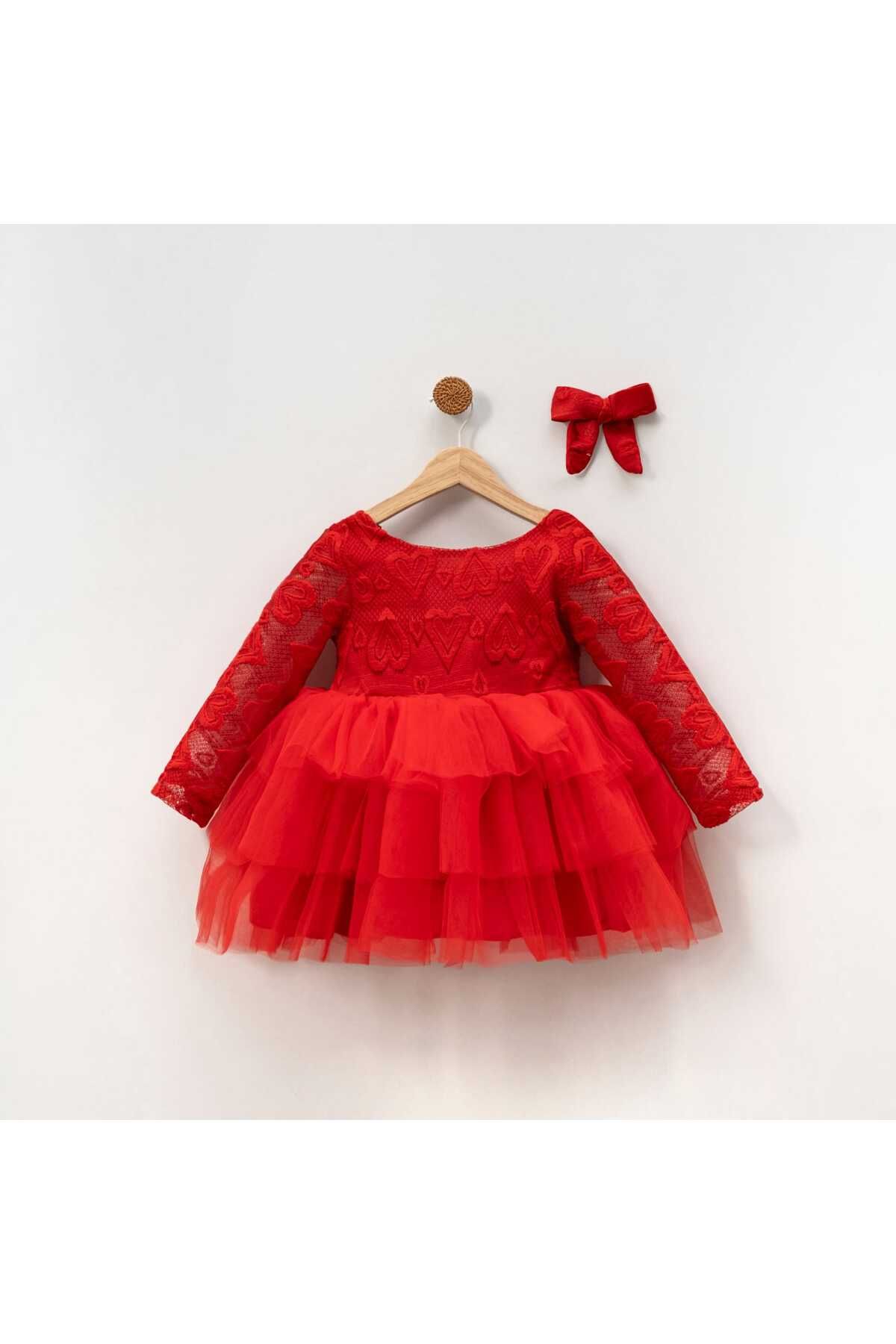inMini-Girl's Red Heart Patterned Mini Dress with Buckle, Layered Skirt, Tulle Tail Bow, V-Back Detail 5