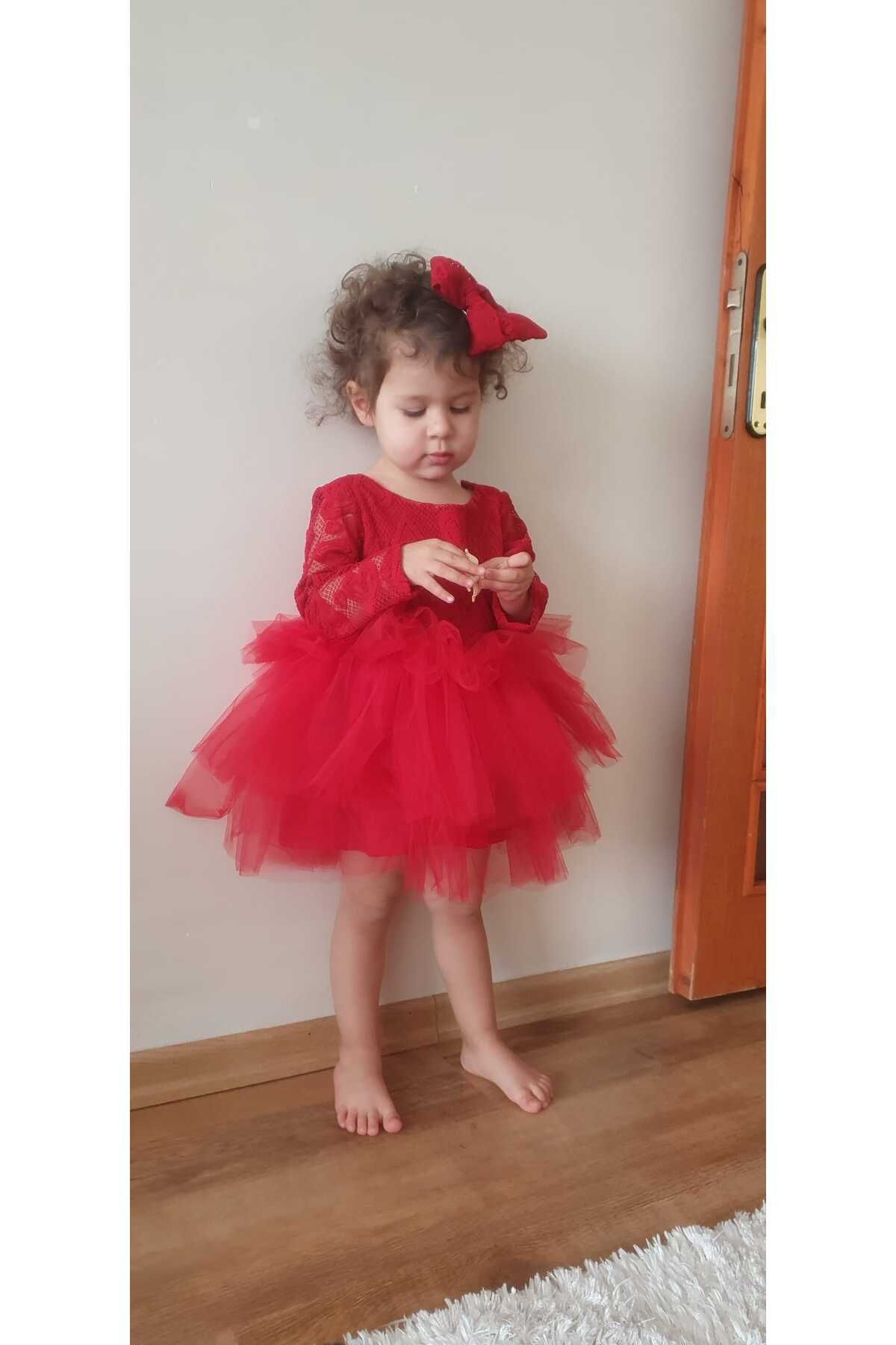 inMini-Girl's Red Heart Patterned Mini Dress with Buckle, Layered Skirt, Tulle Tail Bow, V-Back Detail 2
