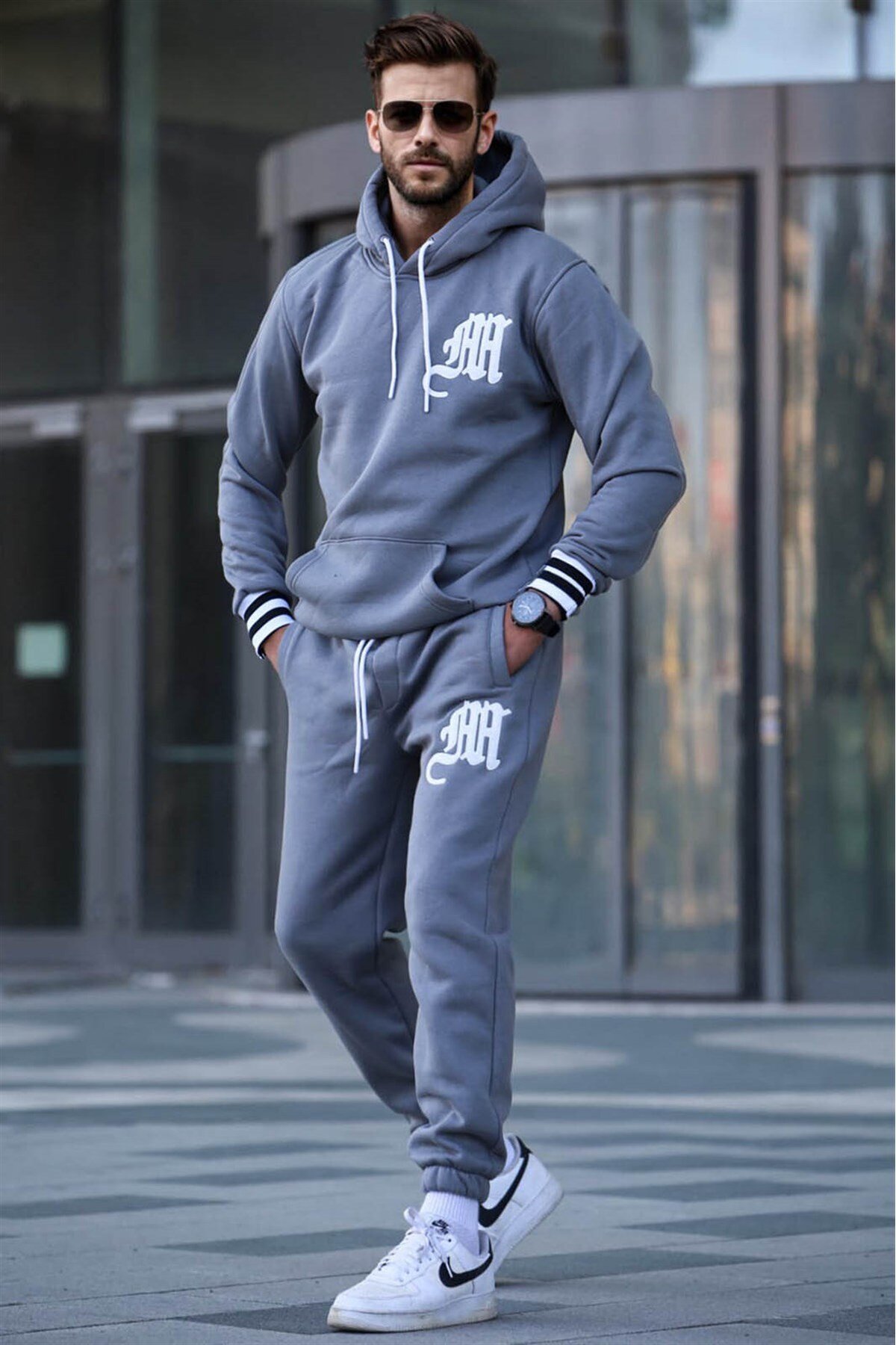 مدمکست ست لباس ورزشی کلاه‌دار چاپ‌شده خاکستری رنگ‌شده ۵۹۰۹