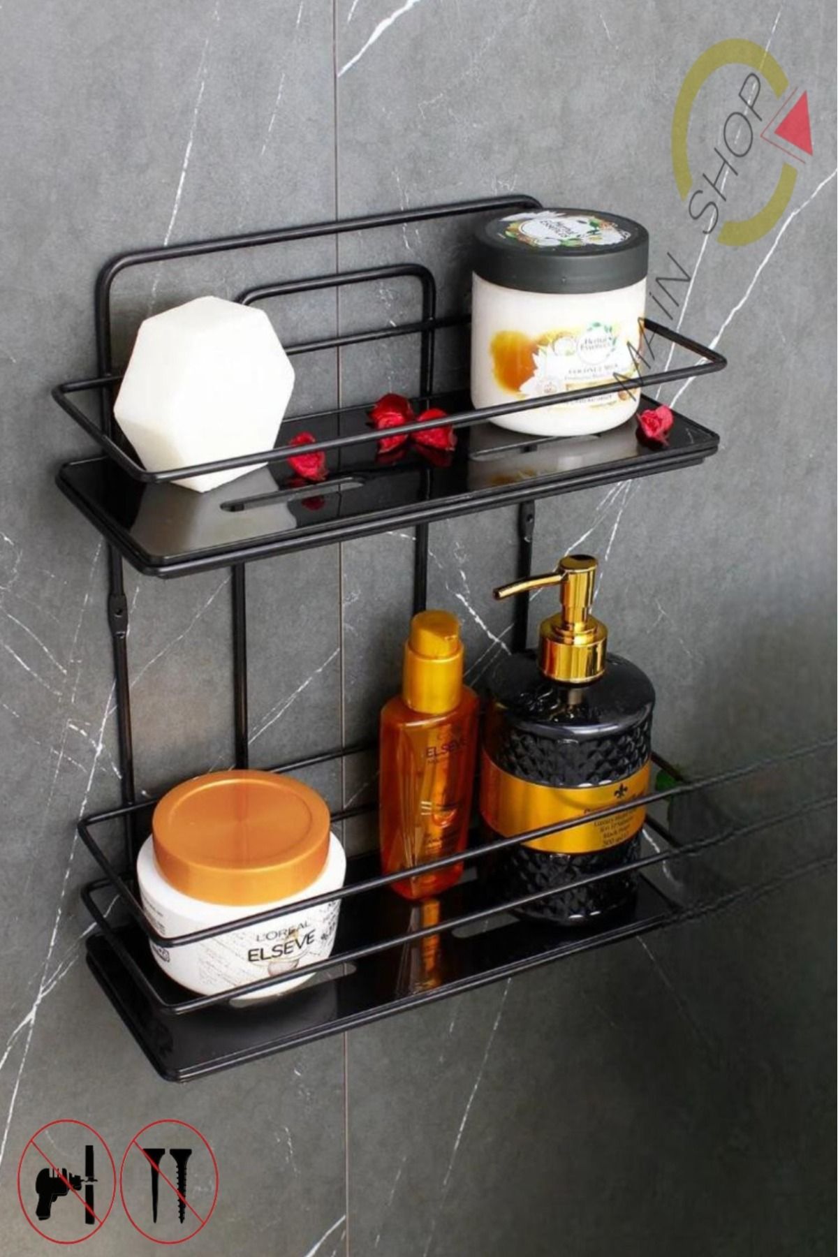 MAİN SHOP Yapışkanlı Kristal Raf Paslanmaz 2 Katlı Banyo Düzenleyici Şampuanlık Siyah-Siyah TŞ-02
