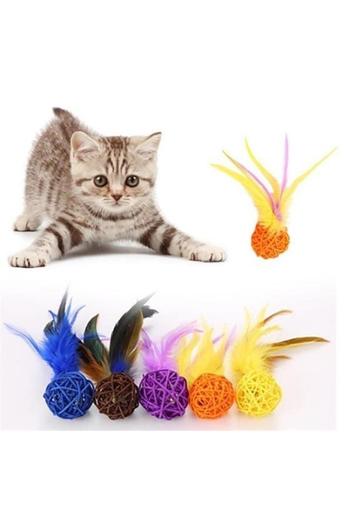Nexora BUFFER® 2li Rattan Renkli Peluş Tüy Kedi Köpek Oyuncak Yakalama Çiğneme Çıngıraklı Top Oyuncağı