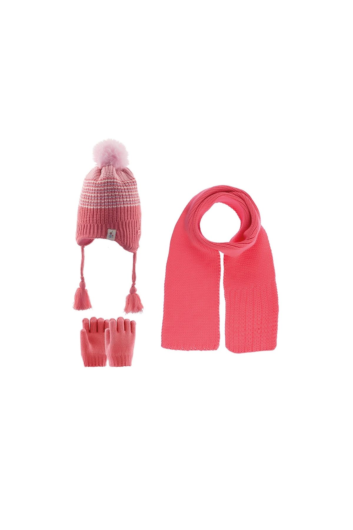 Marsilyan Kitti Kız Atkı Bere Eldiven Takım (1-4 Yaş) K23160-03 Koyu Pembe