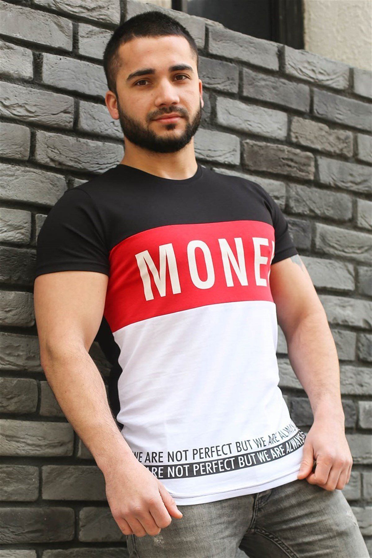 Madmext-Color Blocked T-Shirt Λεπτομερές μαύρο T-Shirt 3077 2