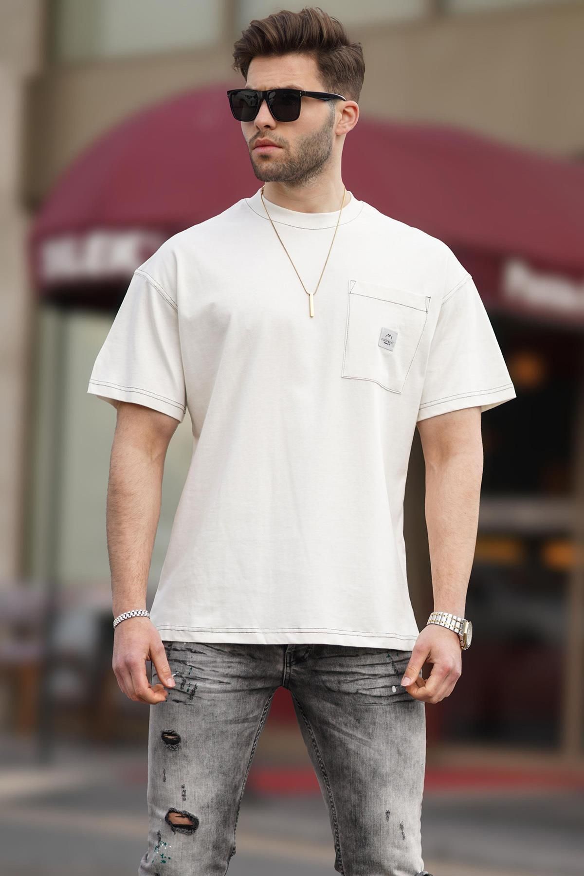 Madmext T-shirt Męski Oversize W Kolorze Ecru Z Kieszeniami Mężczyzna - 2XL