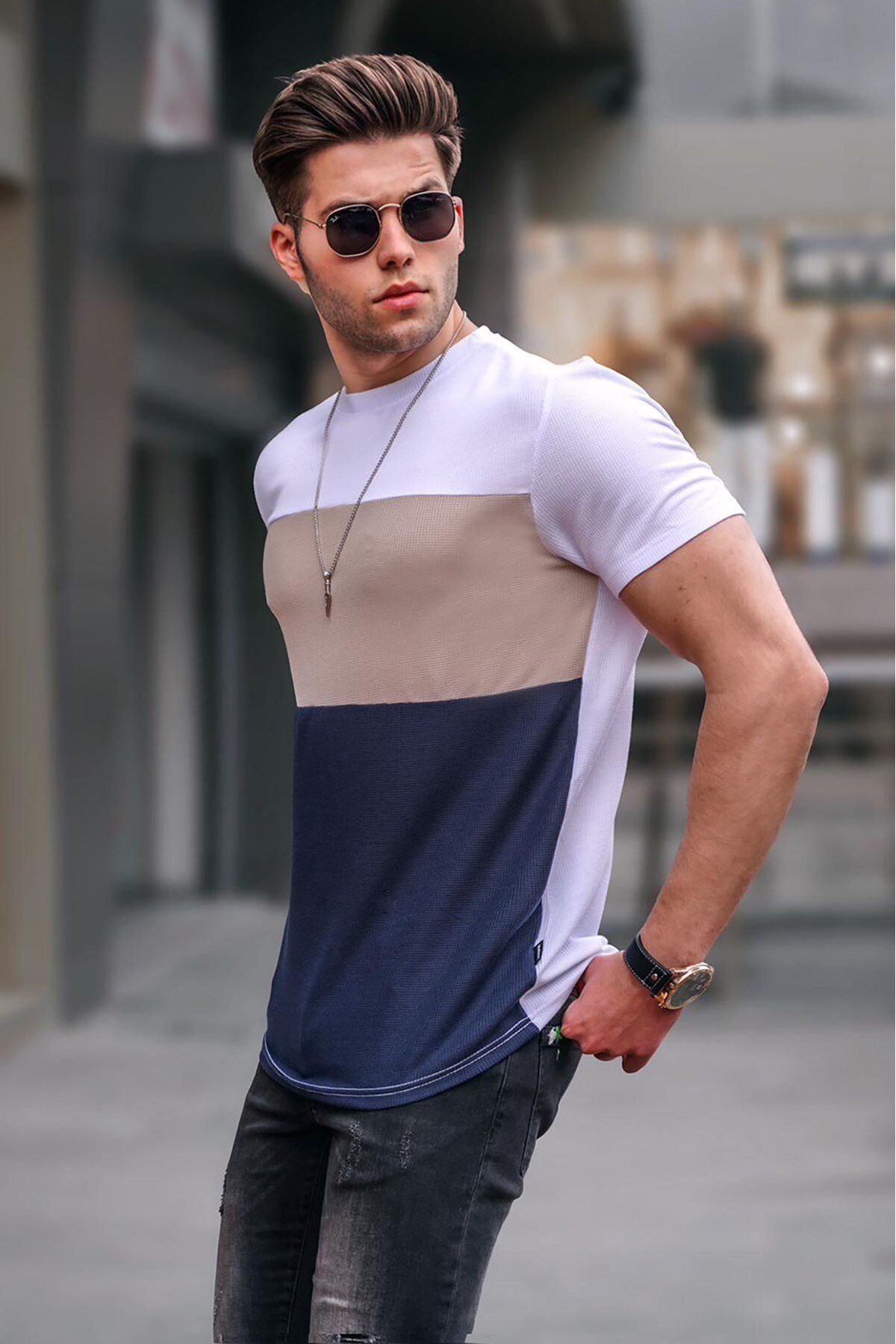 Madmext-Men's Color Blocked White T-Shirt 5826 2