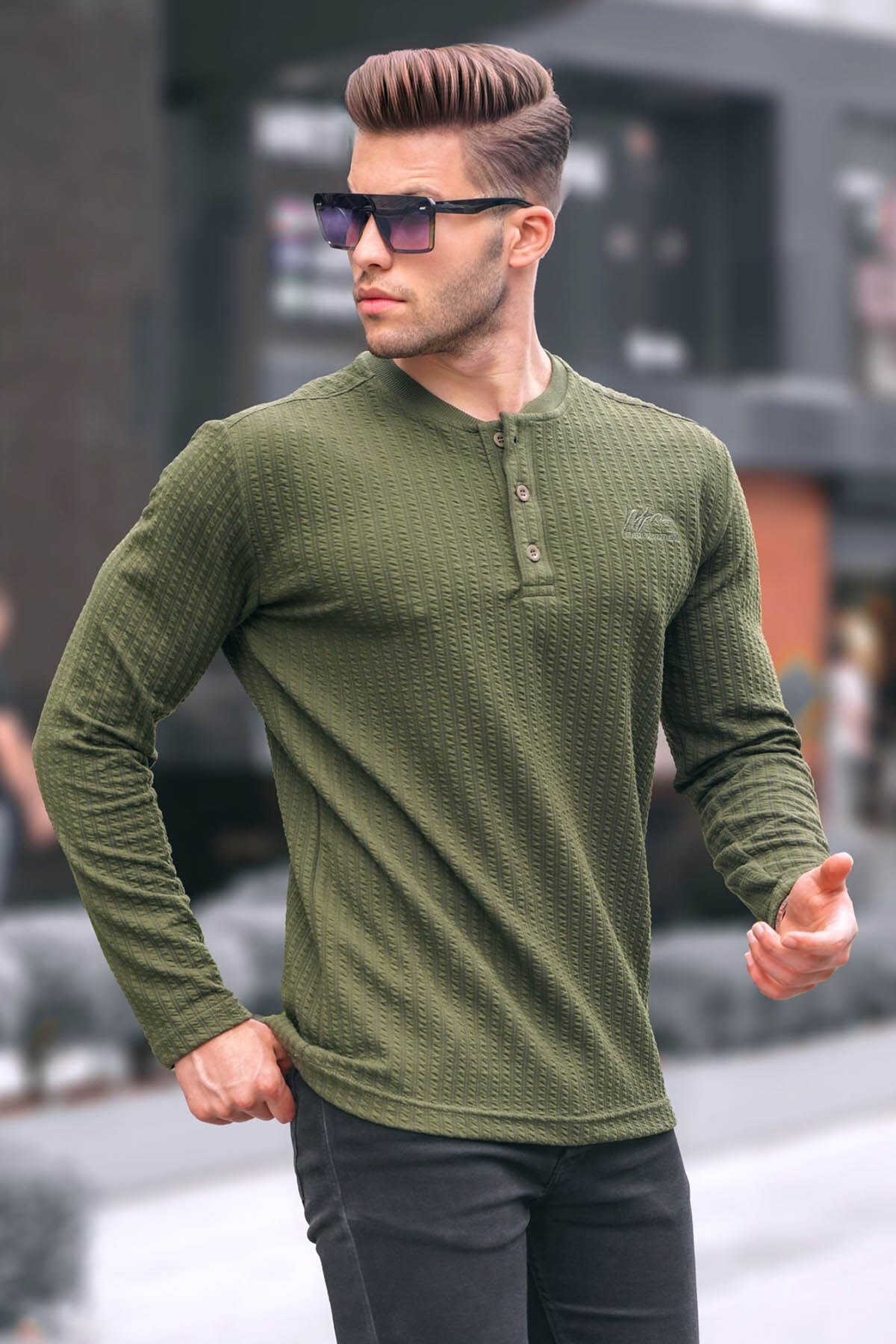 Madmext-Khaki Waffle Fabric Basic pulóver 6007 1