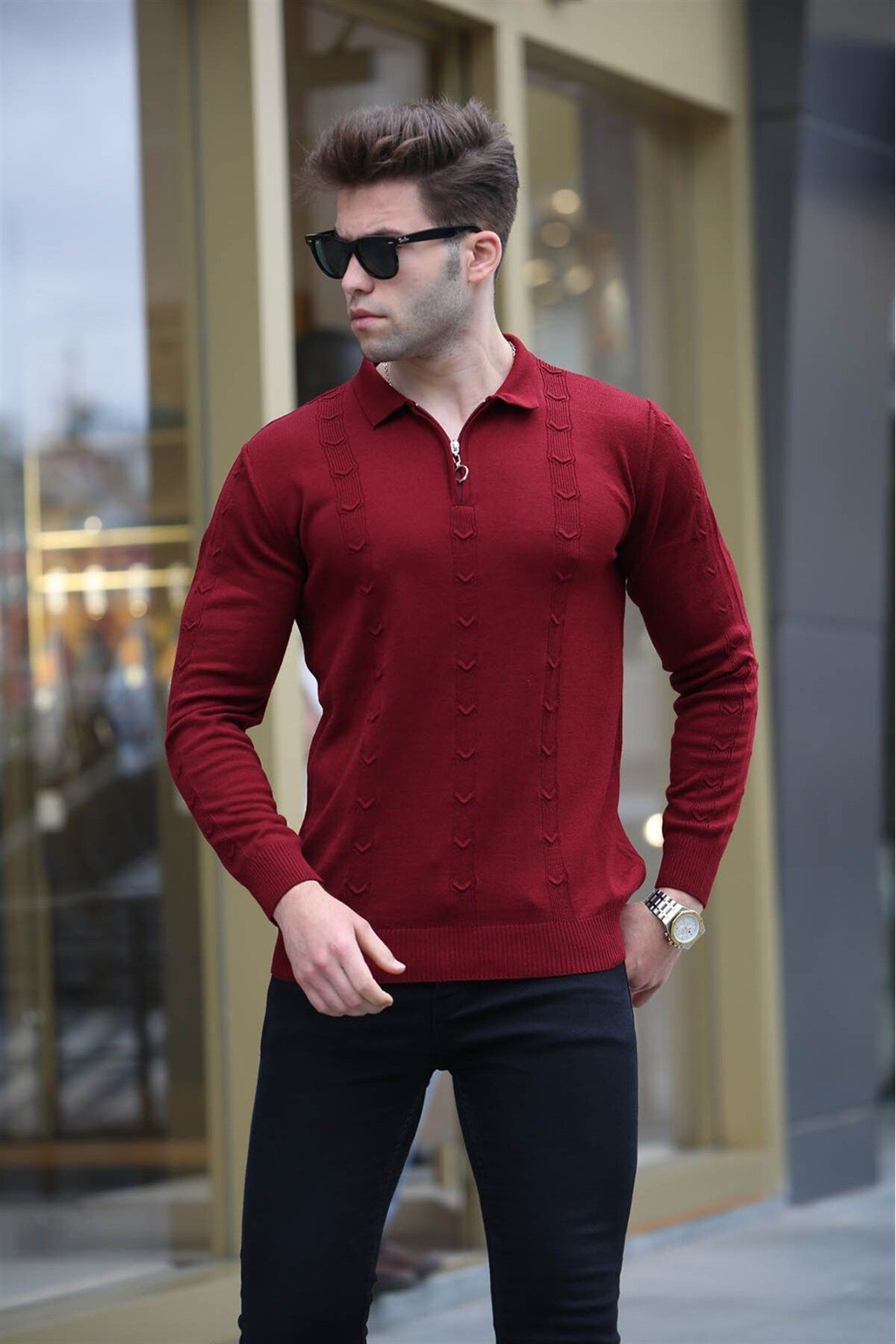 پلیور قرمز مردانه ژاکت بافتنی با زیپ Claret 5606 Madmext