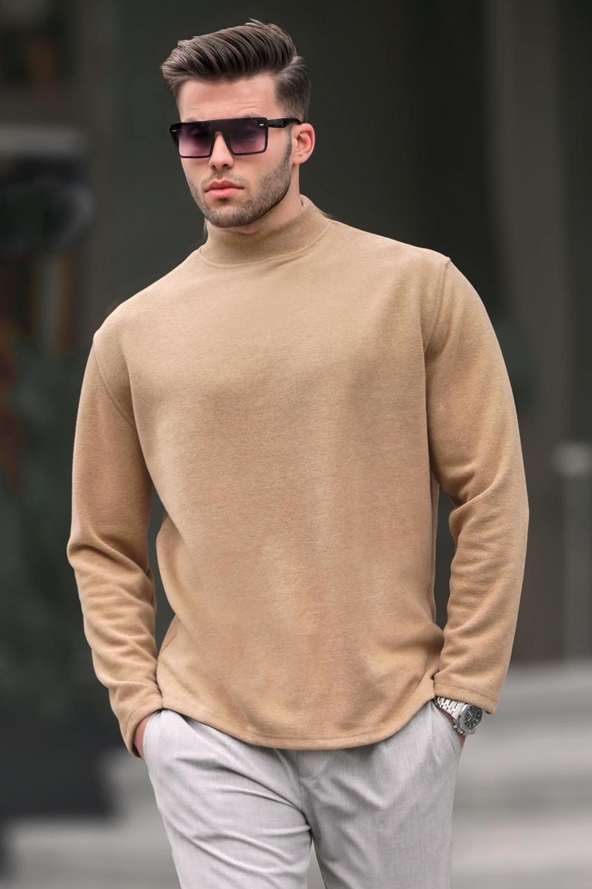 Madmext Beżowy Sweter Męski Oversize Z Golfem Mężczyzna - S
