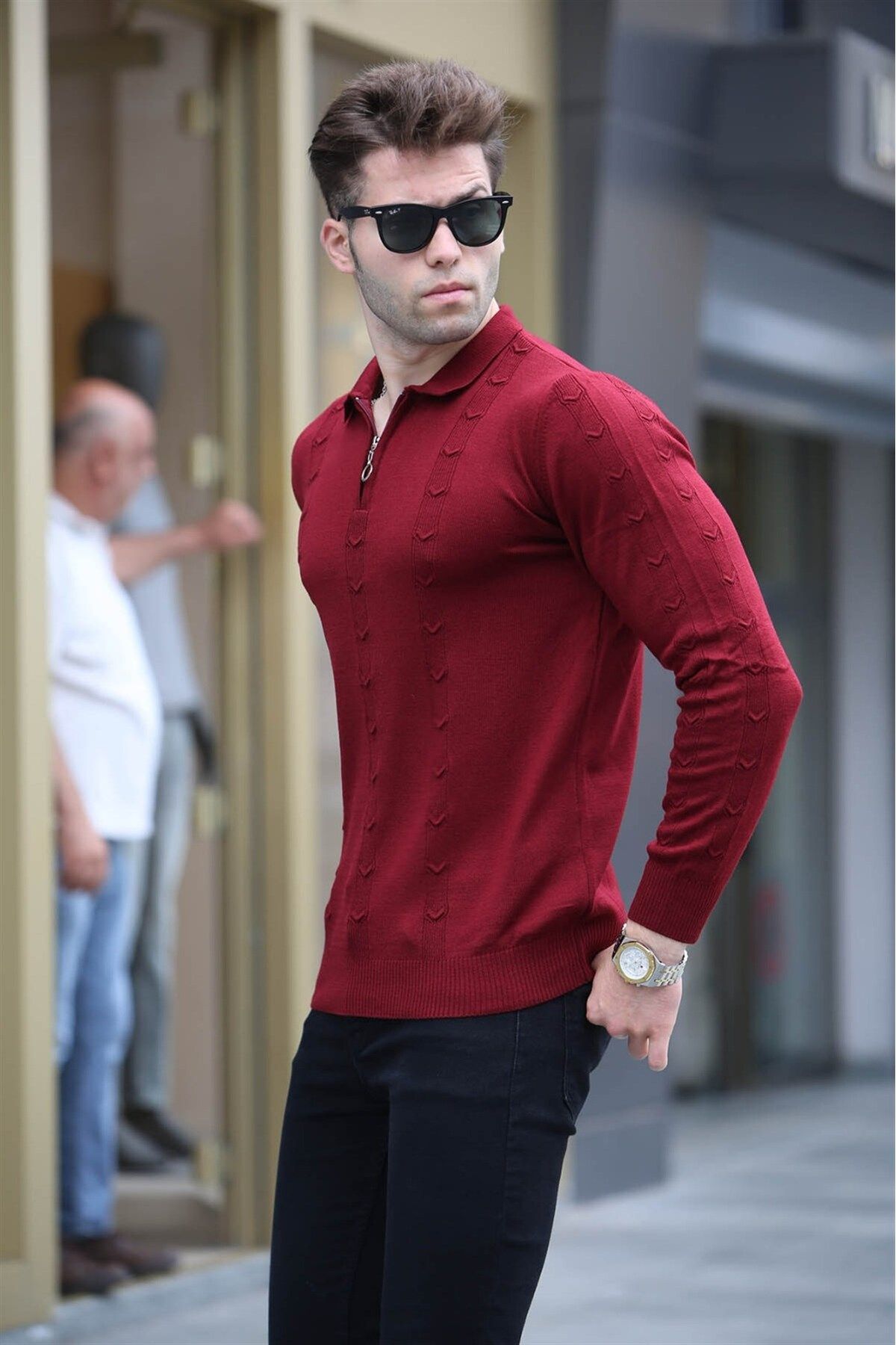 پلیور قرمز مردانه ژاکت بافتنی با زیپ Claret 5606 Madmext