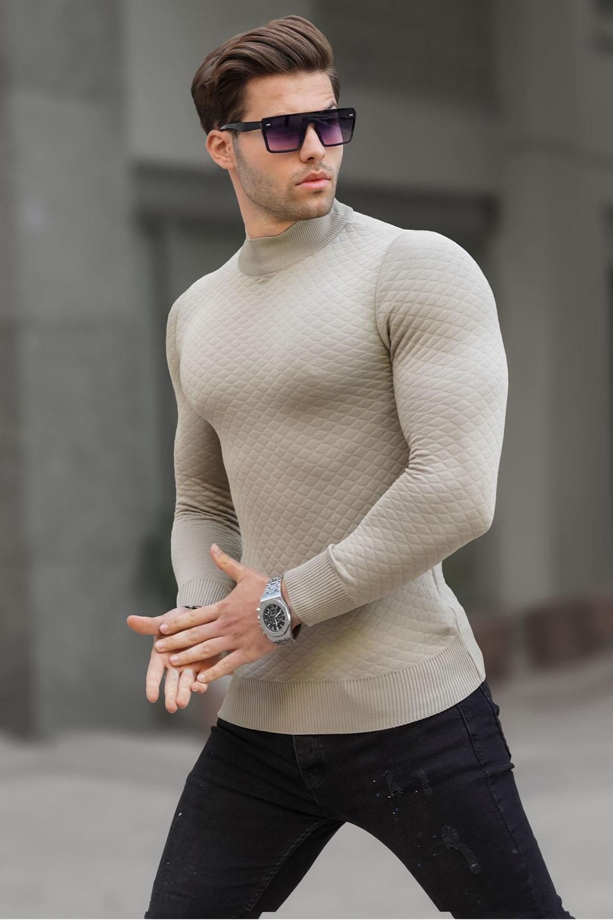 پلیور نود مردانه ژاکت بافتنی یقه اسکی بژ 6857 Madmext