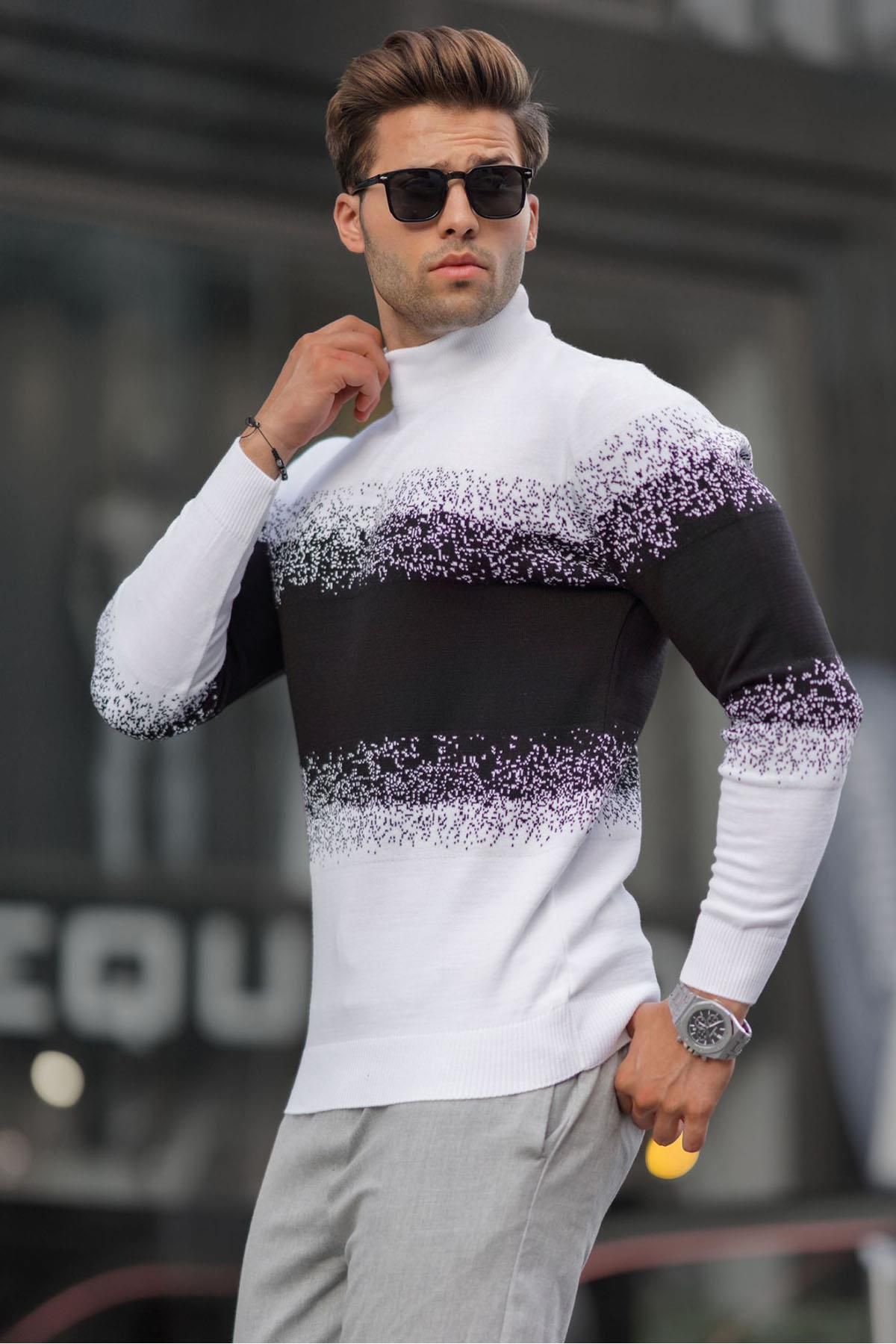 Madmext-White Turtleneck Patterned Sweater 6845 2