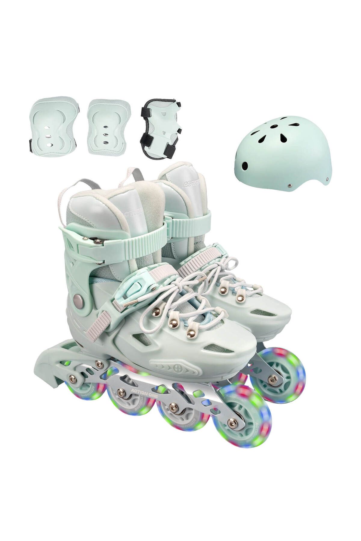 ACTION ONE Set Role Pastel Mint Green, Cu Casca, Protectii Si Geanta Transport, Roti Luminoase, Mar S (28-31) Unisex - 28/31