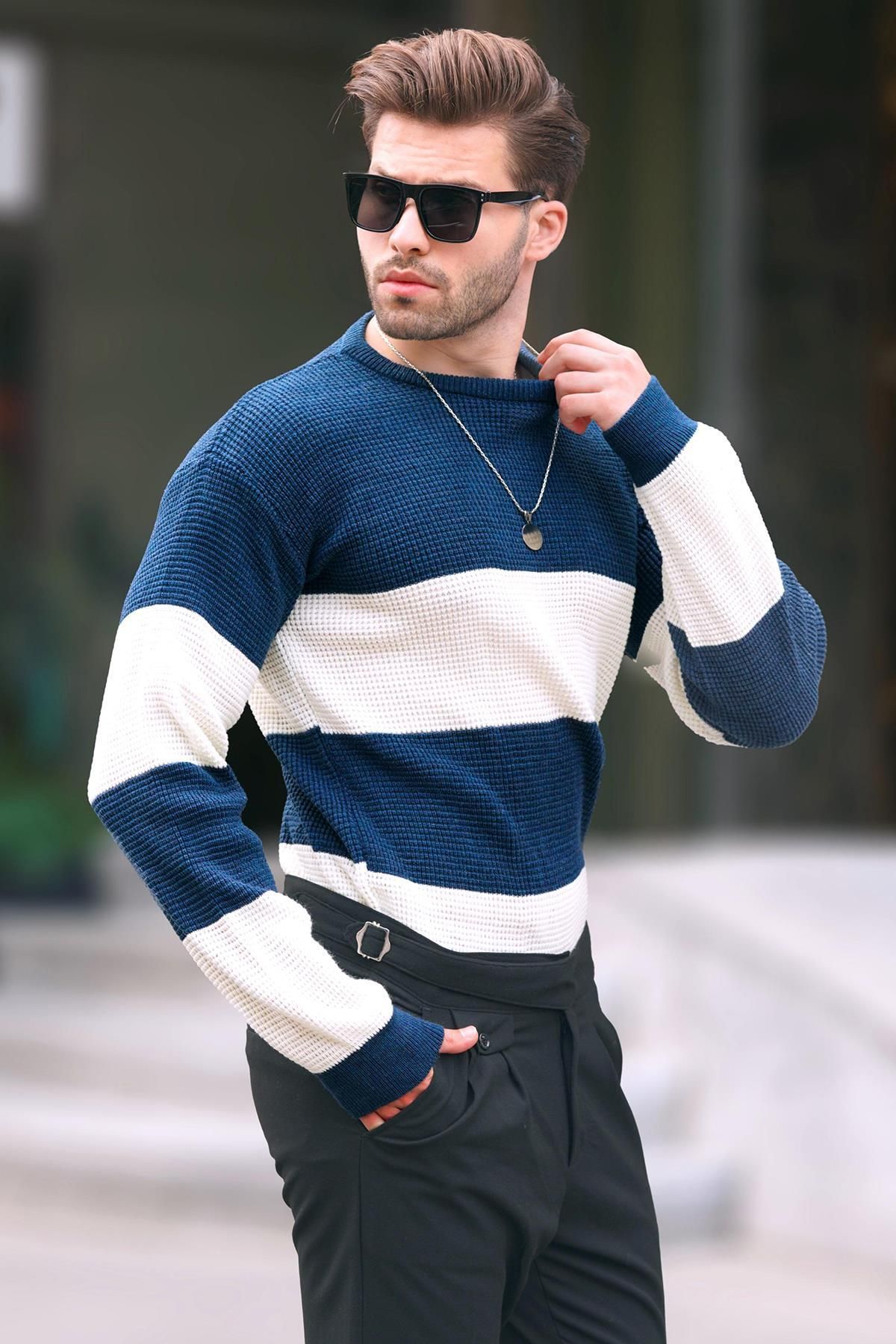 Madmext-Modell 7236 - Indigofarbener Strickpullover mit Rundhalsausschnitt und langen Ärmeln 2