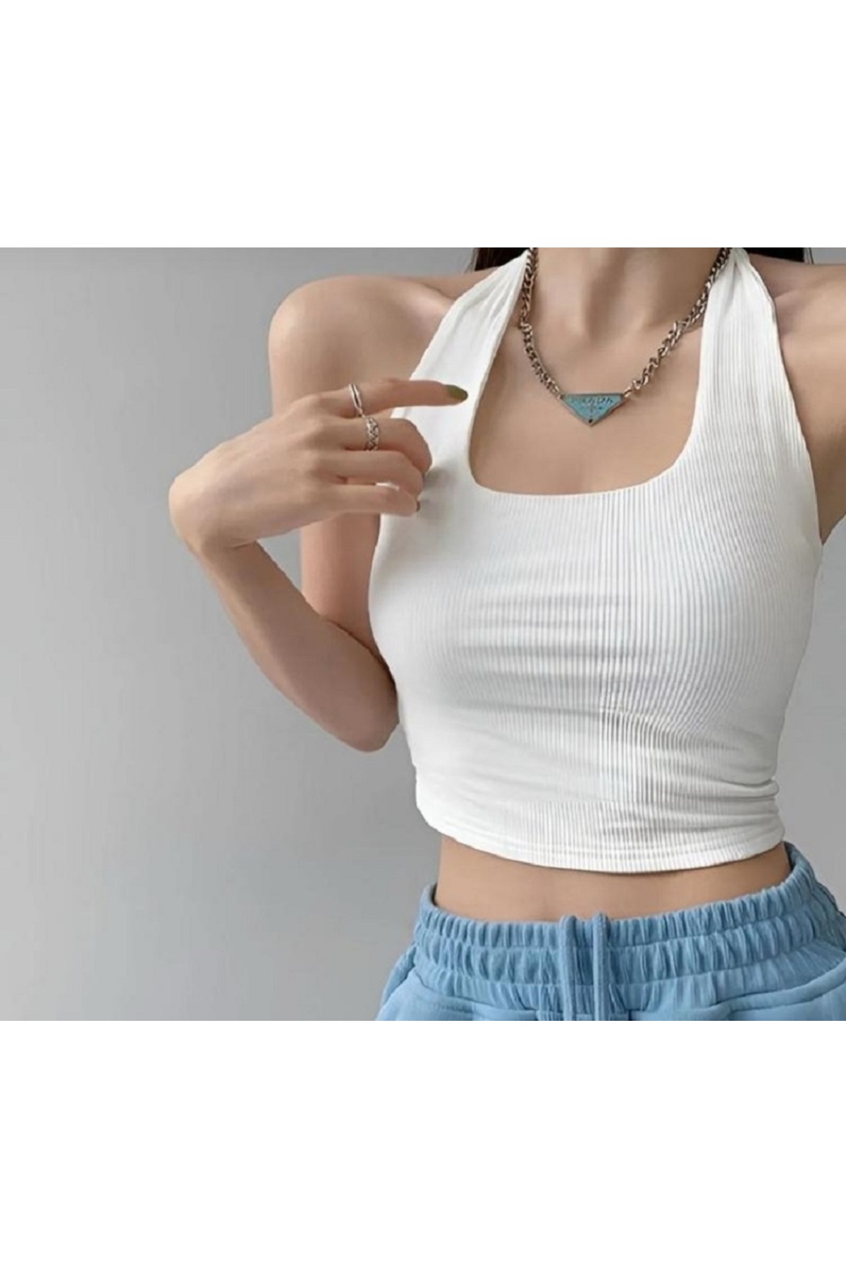 Lorya Giyim Kadın 3'lü Paket Pamuklu Vücuda Yapışan Kaşkorse Fitilli Kumaş Kolsuz Çarpraz Basic CROP Atlet görsel 3