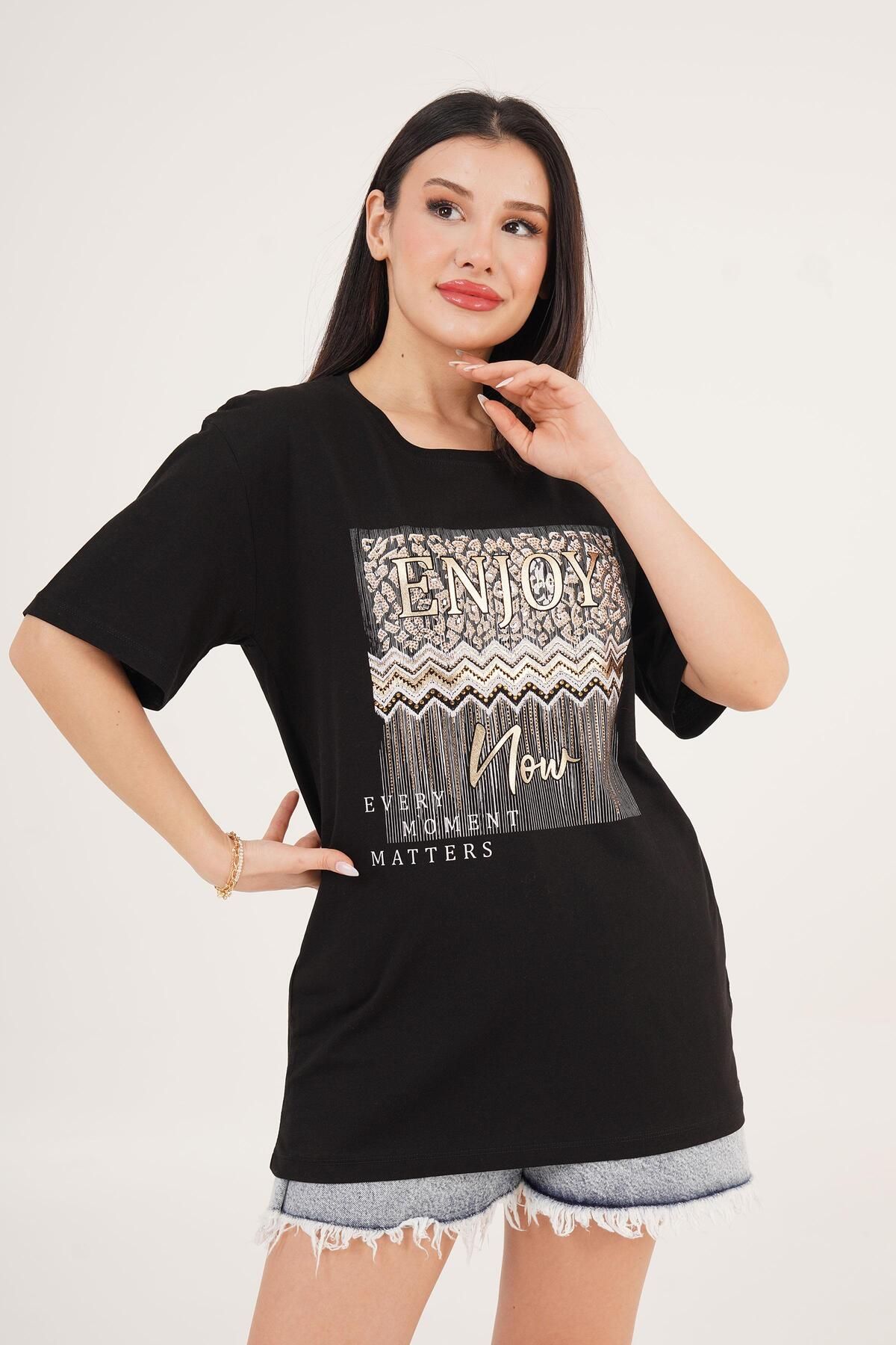 Hipo Trend-Enjoy Black T-Shirt with Printed Text and Stone Detail 7