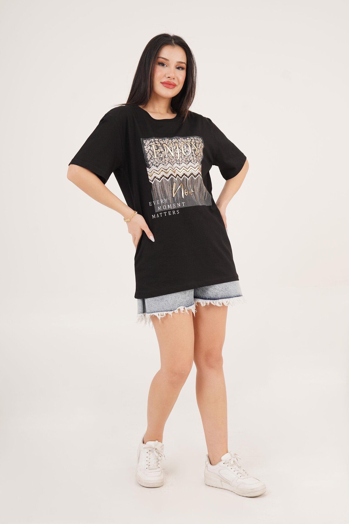 Hipo Trend-Enjoy Black T-Shirt with Printed Text and Stone Detail 2