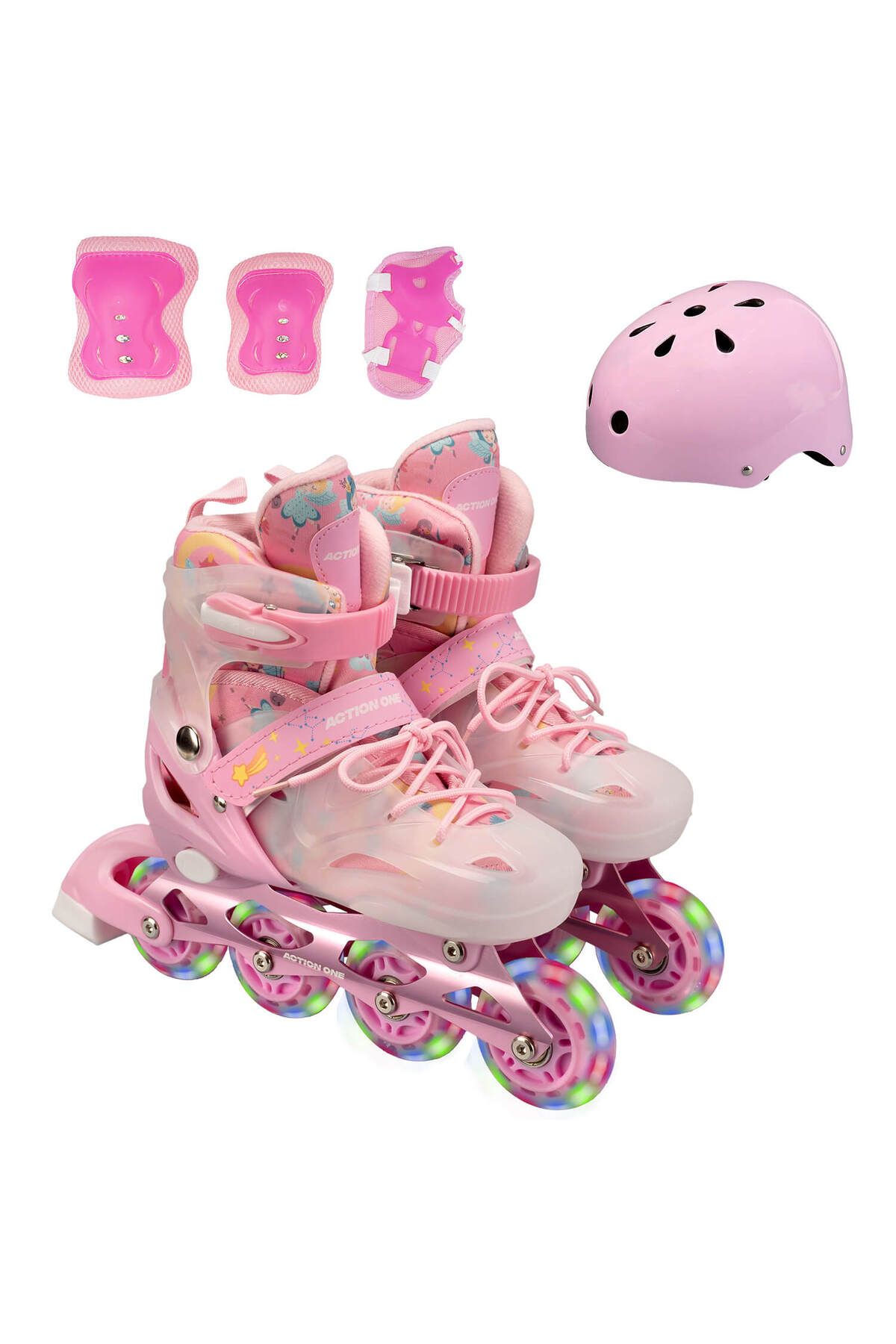 ACTION ONE Set Role Pink Unicorn, Cu Casca, Protectii Si Geanta Transport, Roti Luminoase, Mar S (26-32), Roz Femeie - 28/32