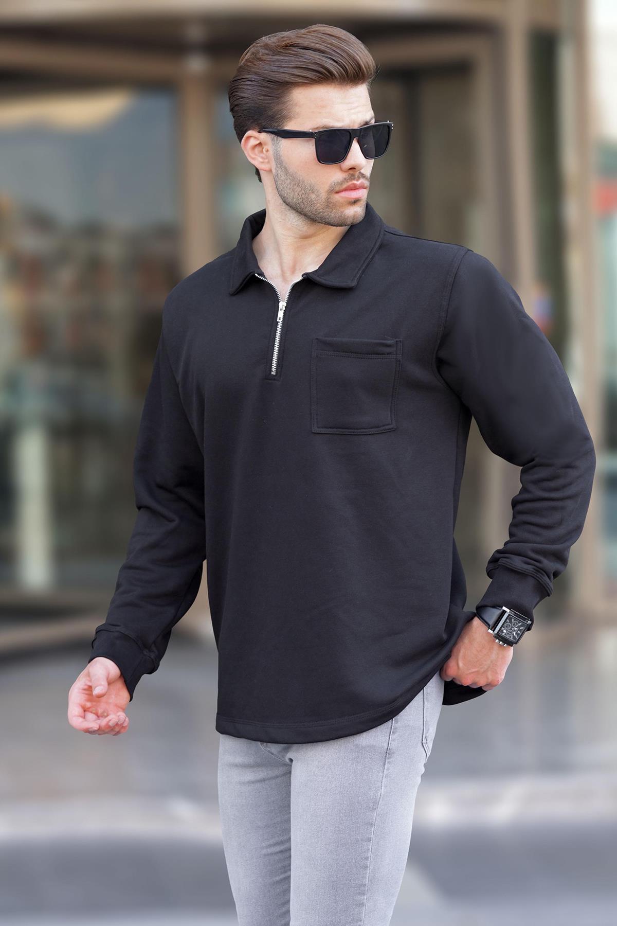 Madmext Siyah Polo Yaka Fermuarlı Uzun Kollu Erkek Sweatshirt 7057