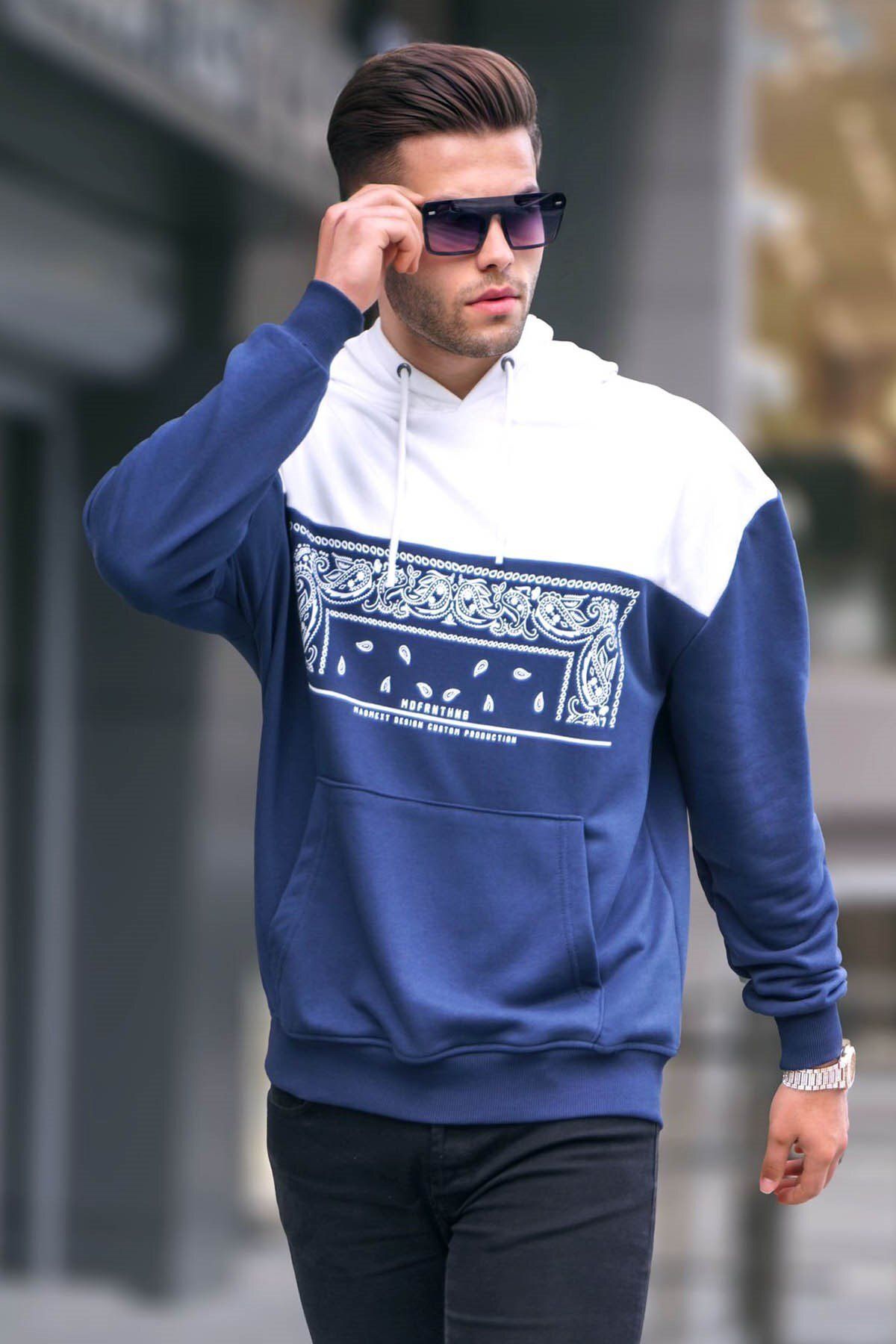 Madmext-Marineblaues gemustertes Kapuzensweatshirt 6022 1