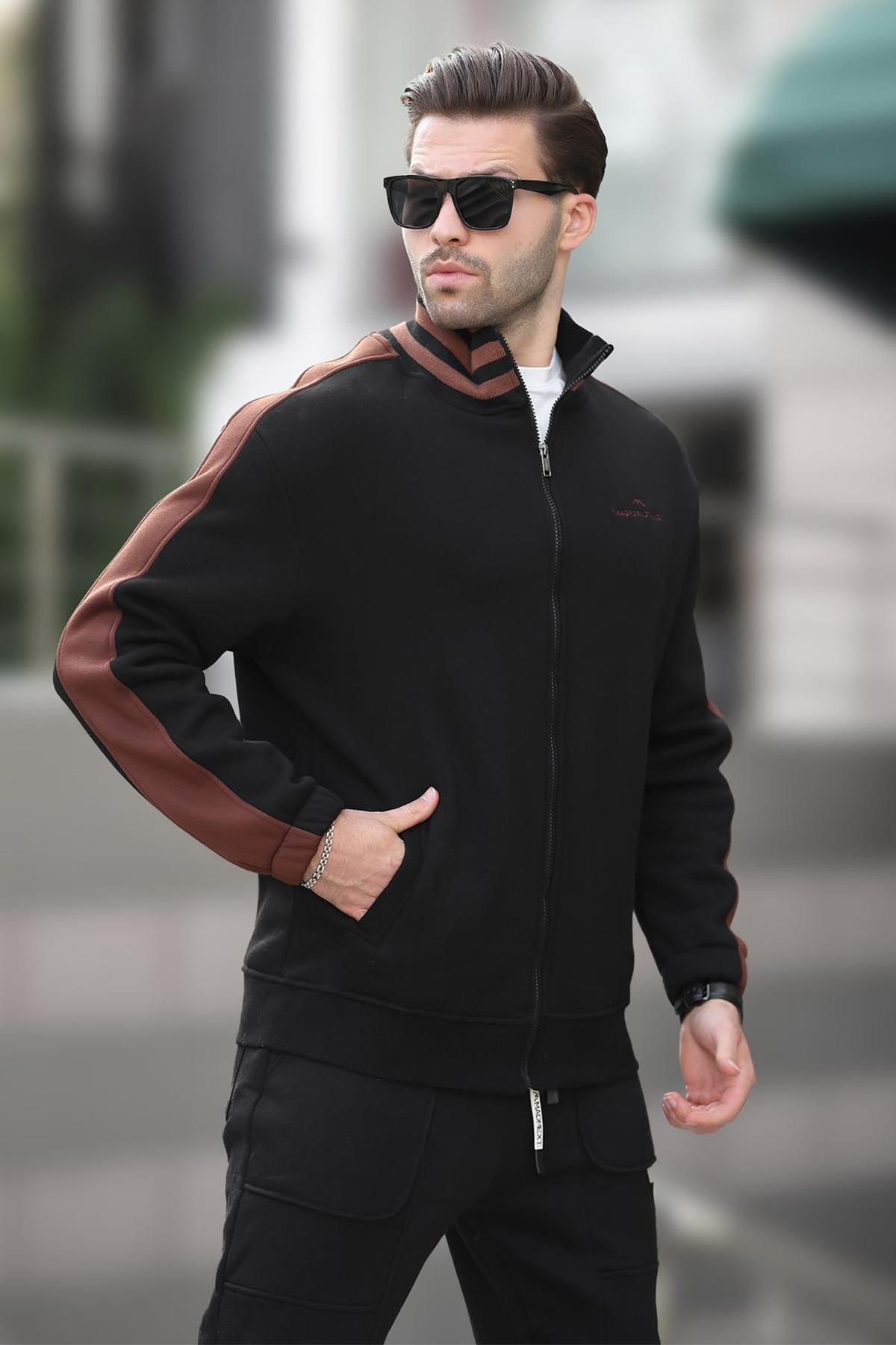 ژاکت مردانه یقه اسکی مشکی طرح‌دار زیپ‌دار ۷۰۸۱ — مشکی — تصویر 3 از 3