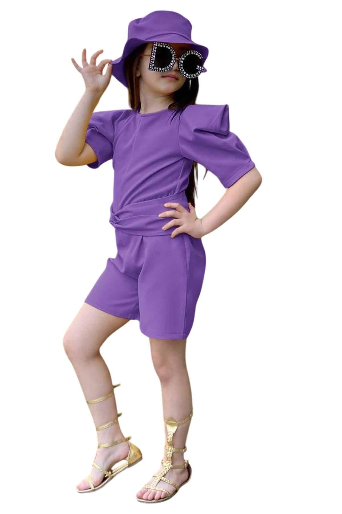Riccotarz-Girl's Crew Neck Half Sleeve Waist Tie Detailed Purple Shorts Jumpsuit 6