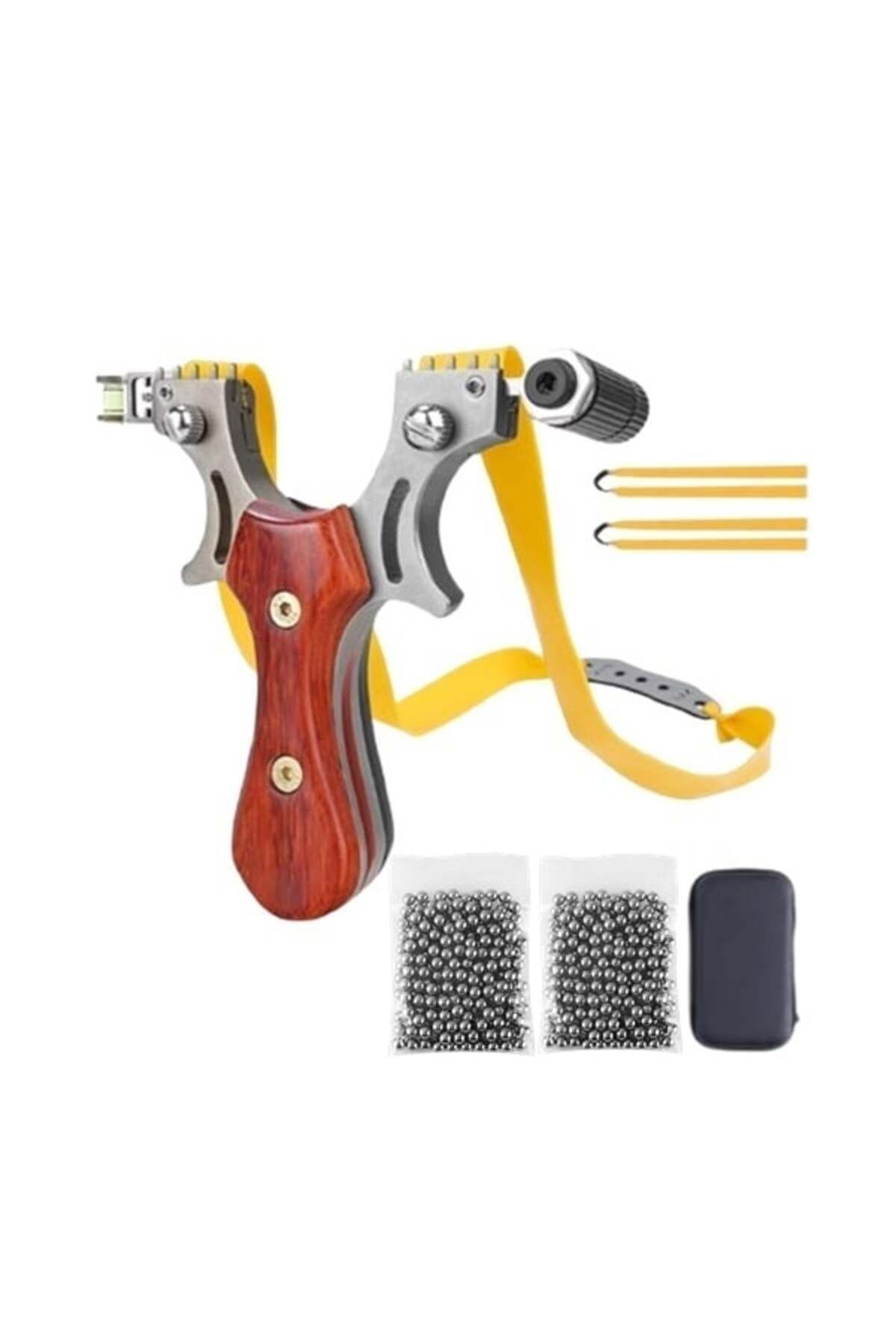 Depox Set Praștie Metalică Cu Laser Și 200 Bile Metalice 9 Mm, 12 Cm, Mâner Din Lemn, Maro, Cutie Inclusă - One Size