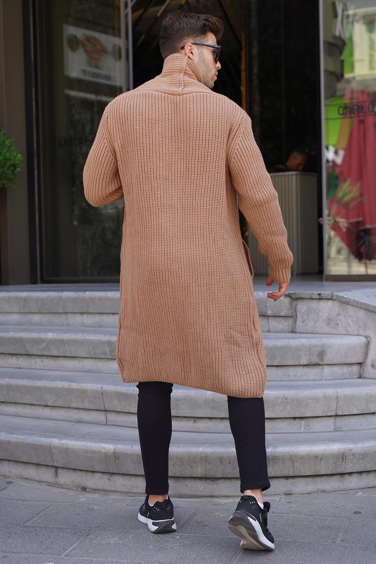 Camel Dik Yaka Cepli Uzun Triko Hırka 6816 — قهوه‌ای — تصویر 3 از 4