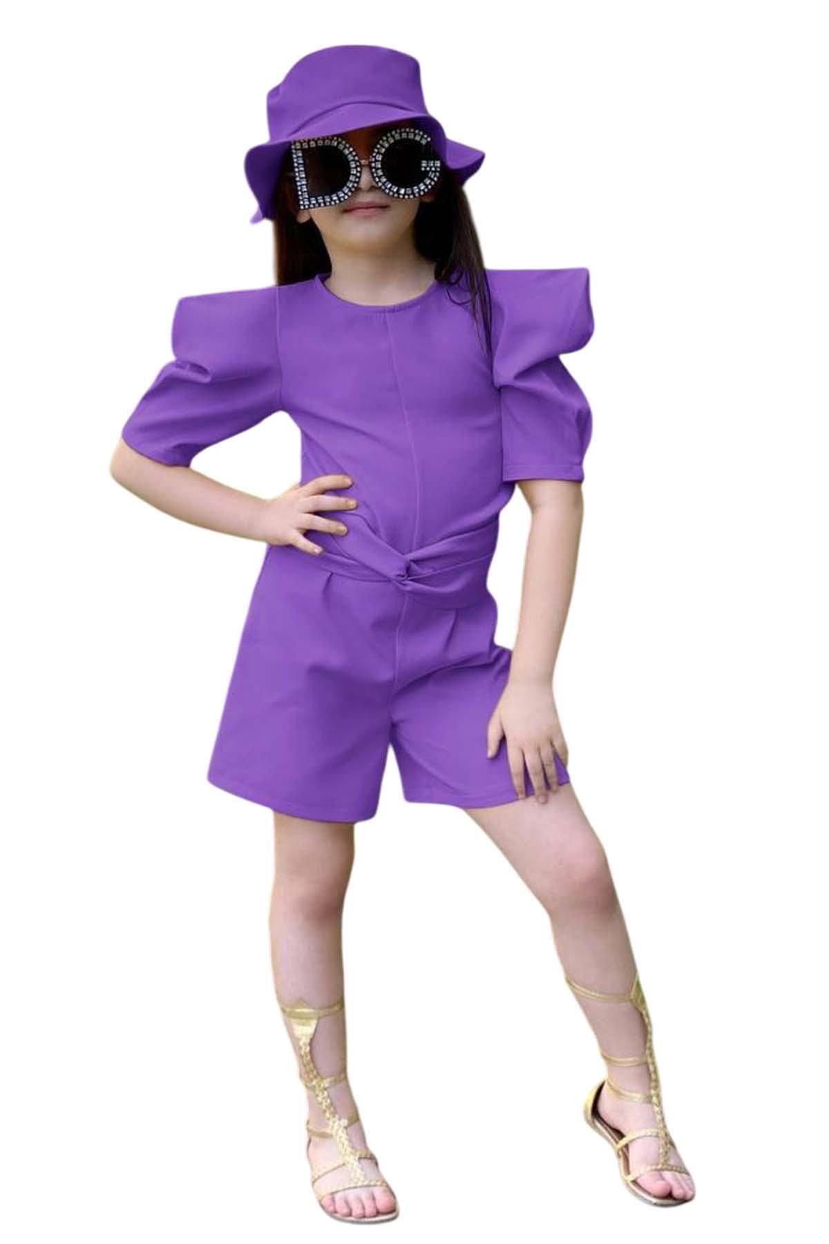 Riccotarz-Girl's Crew Neck Half Sleeve Waist Tie Detailed Purple Shorts Jumpsuit 7