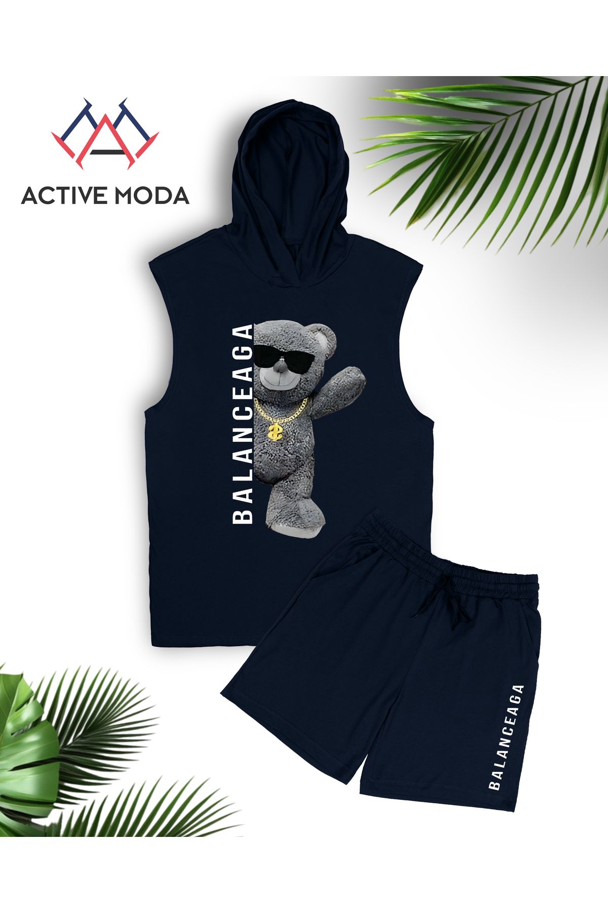 ACTIVE MODA -ERKEK BASKILI Oyuncak ayı Kolsuz Atlet-şort Takimi 2li Büyük Beden Oversize