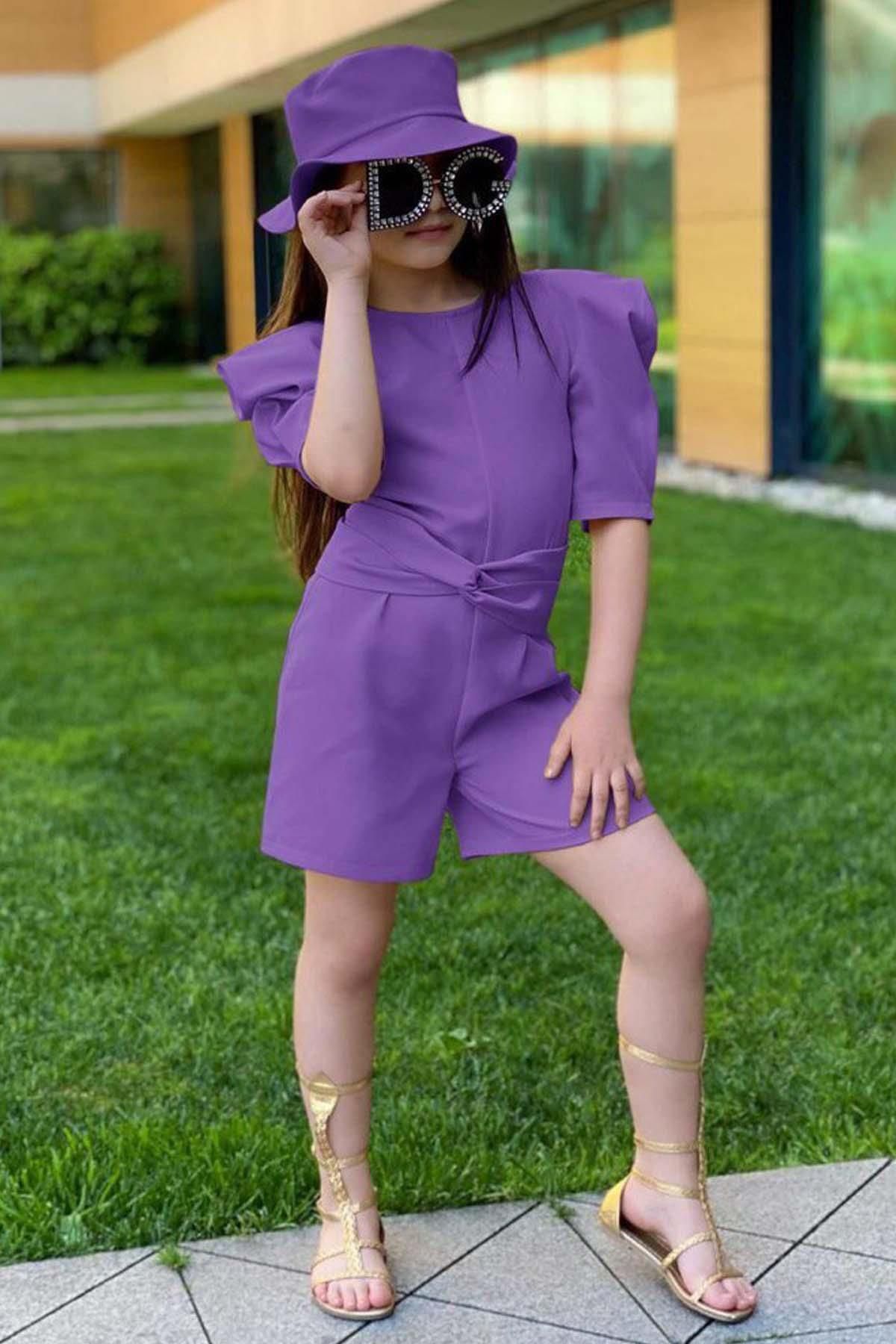 Riccotarz-Girl's Crew Neck Half Sleeve Waist Tie Detailed Purple Shorts Jumpsuit 3