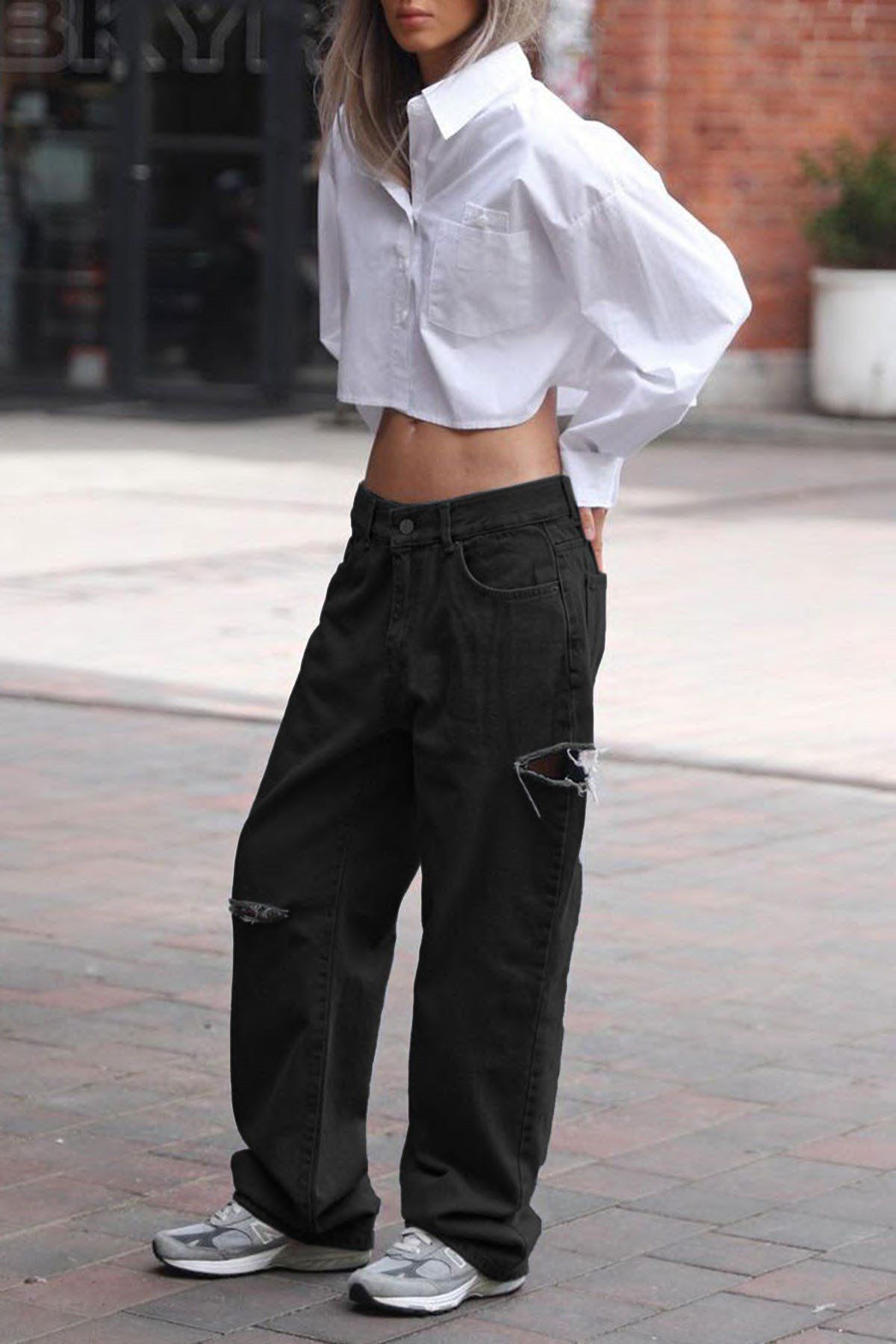 Madmext-أسود ممزق مفصل Palazzo Jean Mg1560 4
