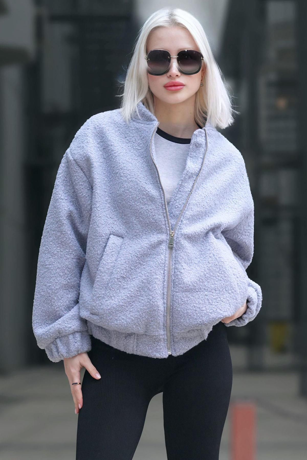 Madmext-Gray Boucle Bomber Women's Jacket MG1967 1