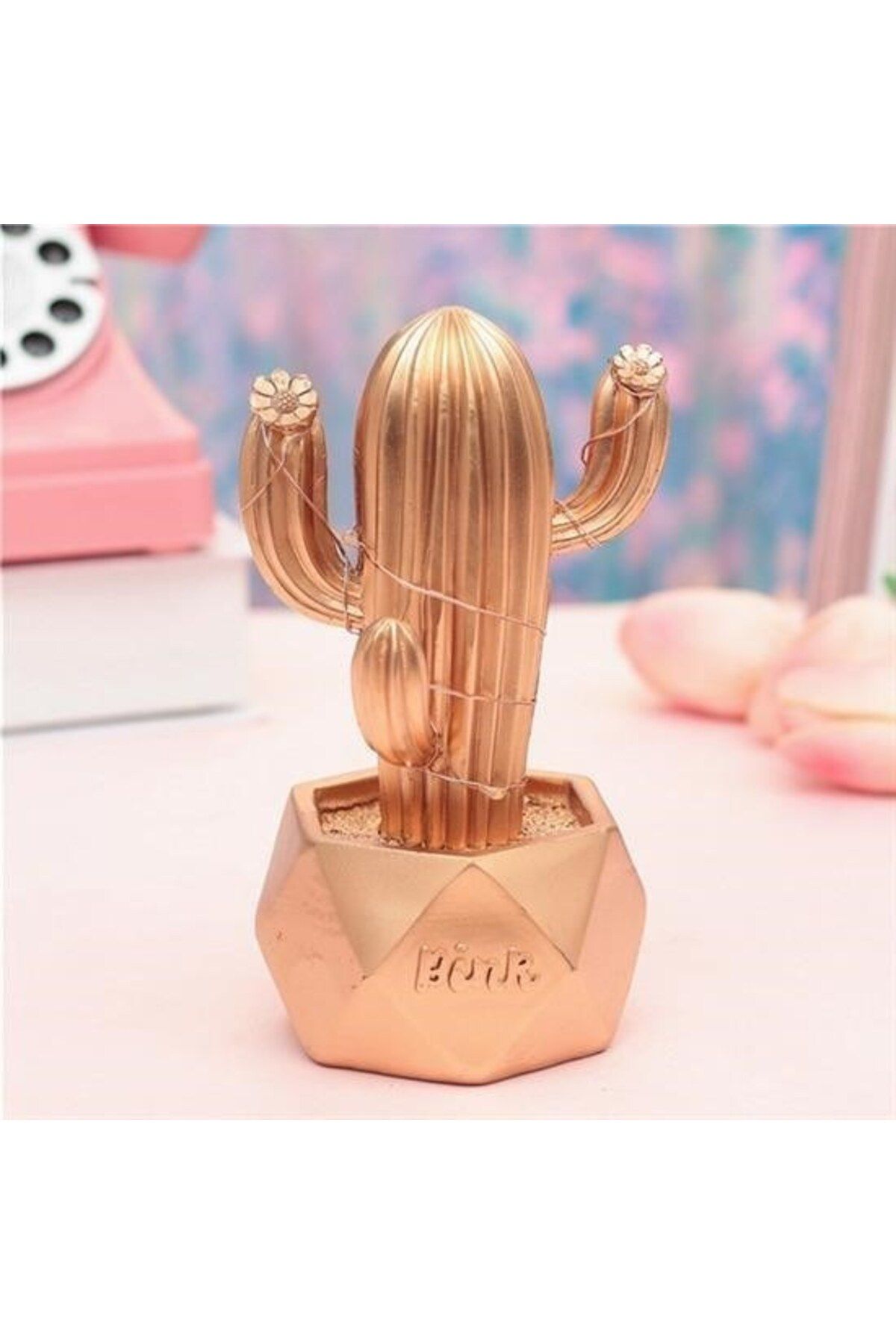 BEŞMİNARE Led Işıklı Sevimli Kaktüs Dekoratif Masa Lambası Mini Biblo Gece Lambası-GOLD