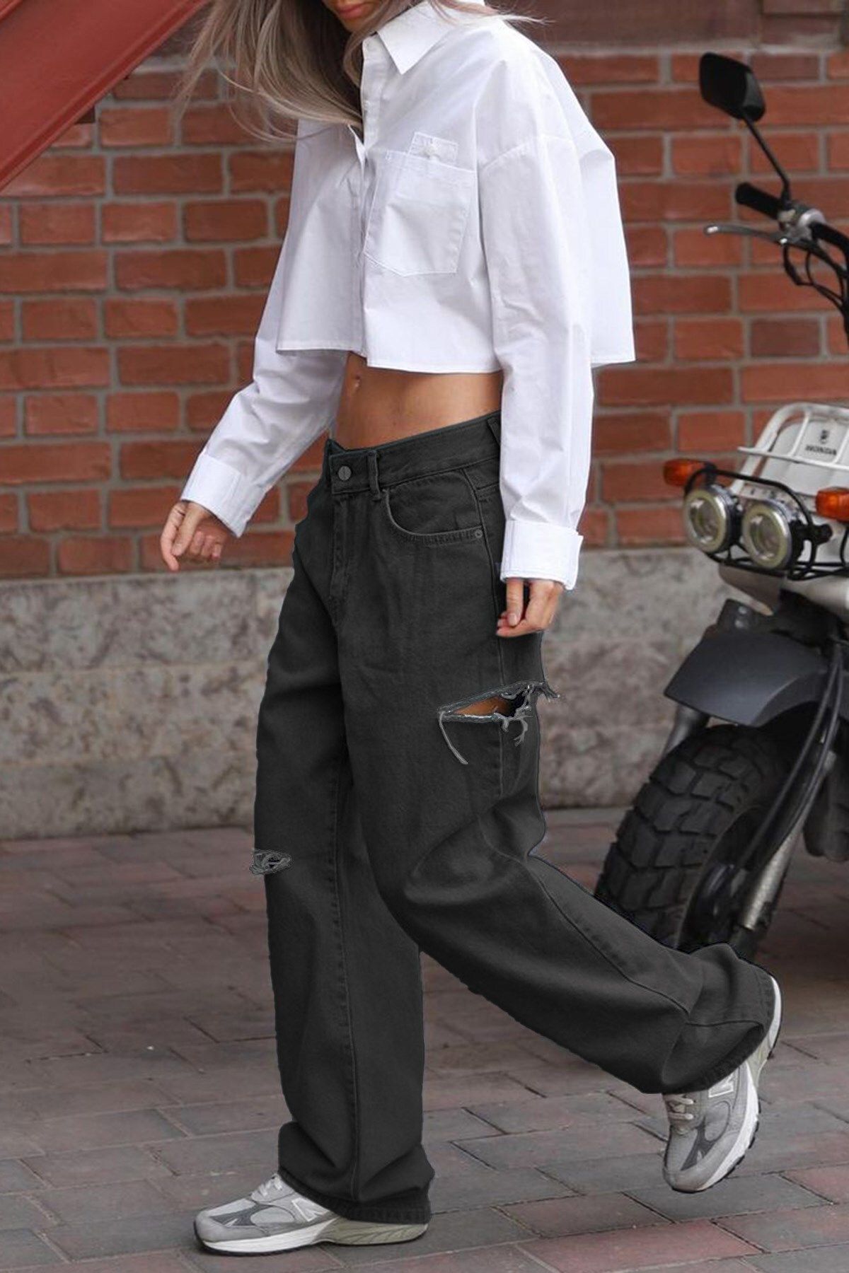 Madmext-أسود ممزق مفصل Palazzo Jean Mg1560 6