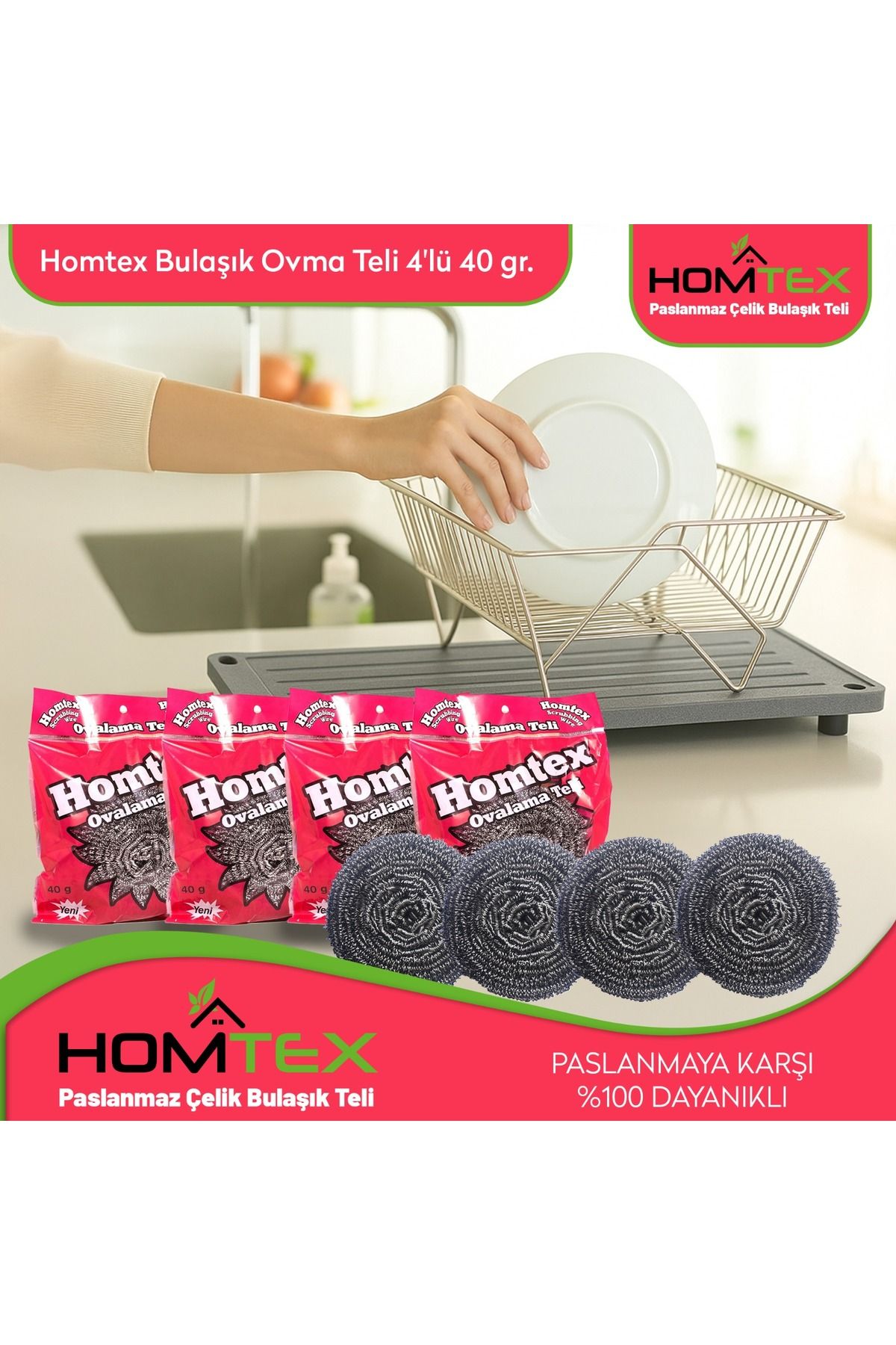HOMTEX çelik bulaşık ovma teli 4lü 40GR