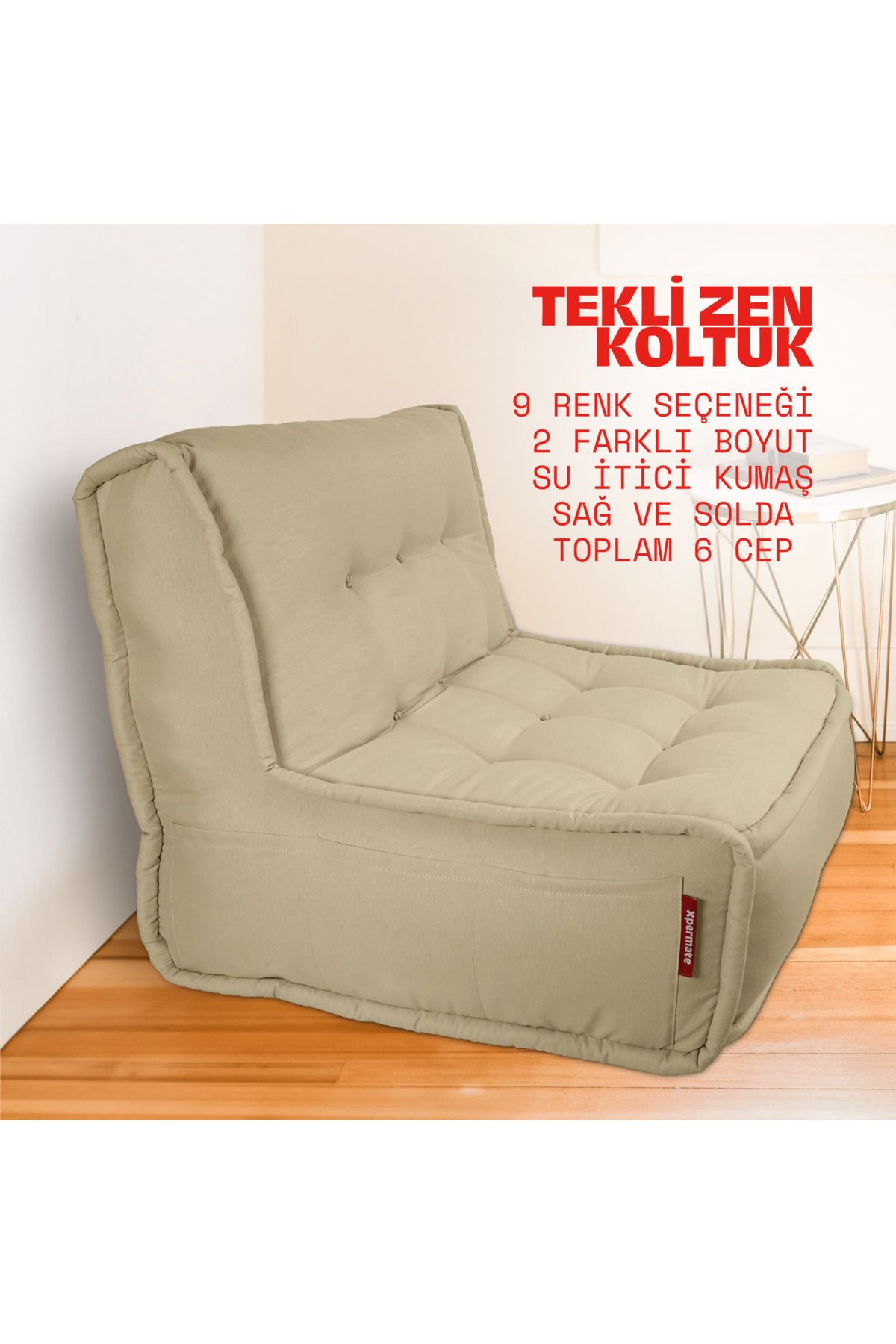 XPERMATE Zen Berjer Sırtlı Minder Koltuk İskandinav Tarzı Ergonomik Yer Koltuğu Minderi 80X60 Açık Bej