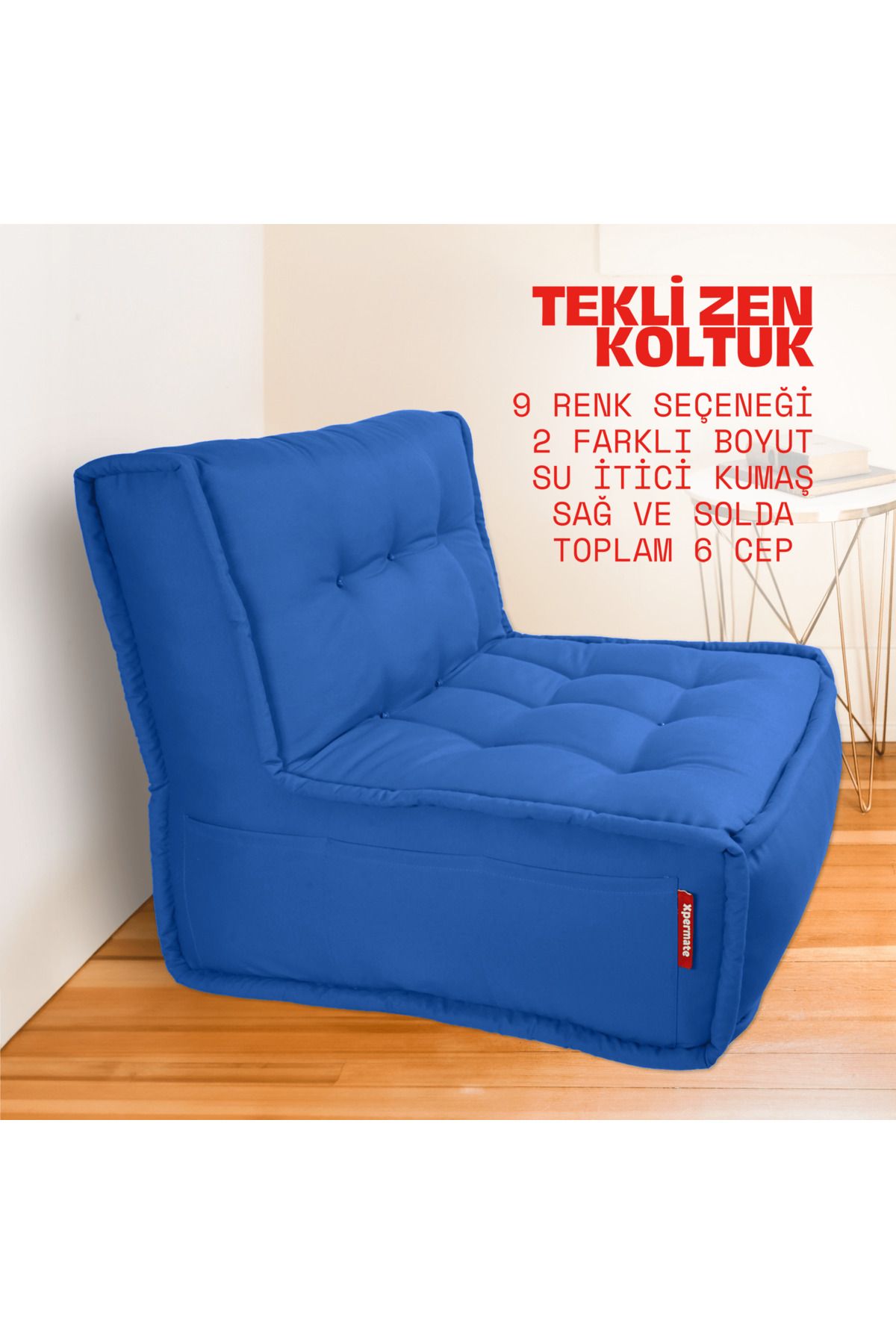 XPERMATE Zen Berjer Sırtlı Minder Koltuk İskandinav Tarzı Ergonomik Yer Koltuğu Minderi 80X60 Koyu Mavi