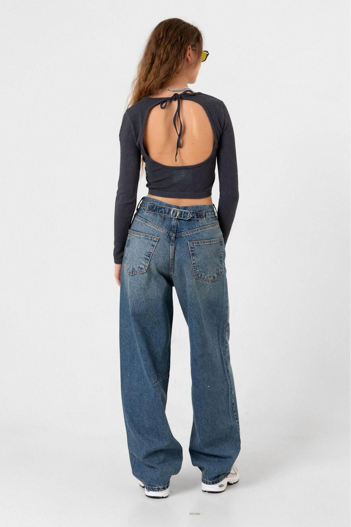 Tref Jeans-Pantaloni largi din denim cu picior lat, cu cataramă, lycra, talie înaltă 2