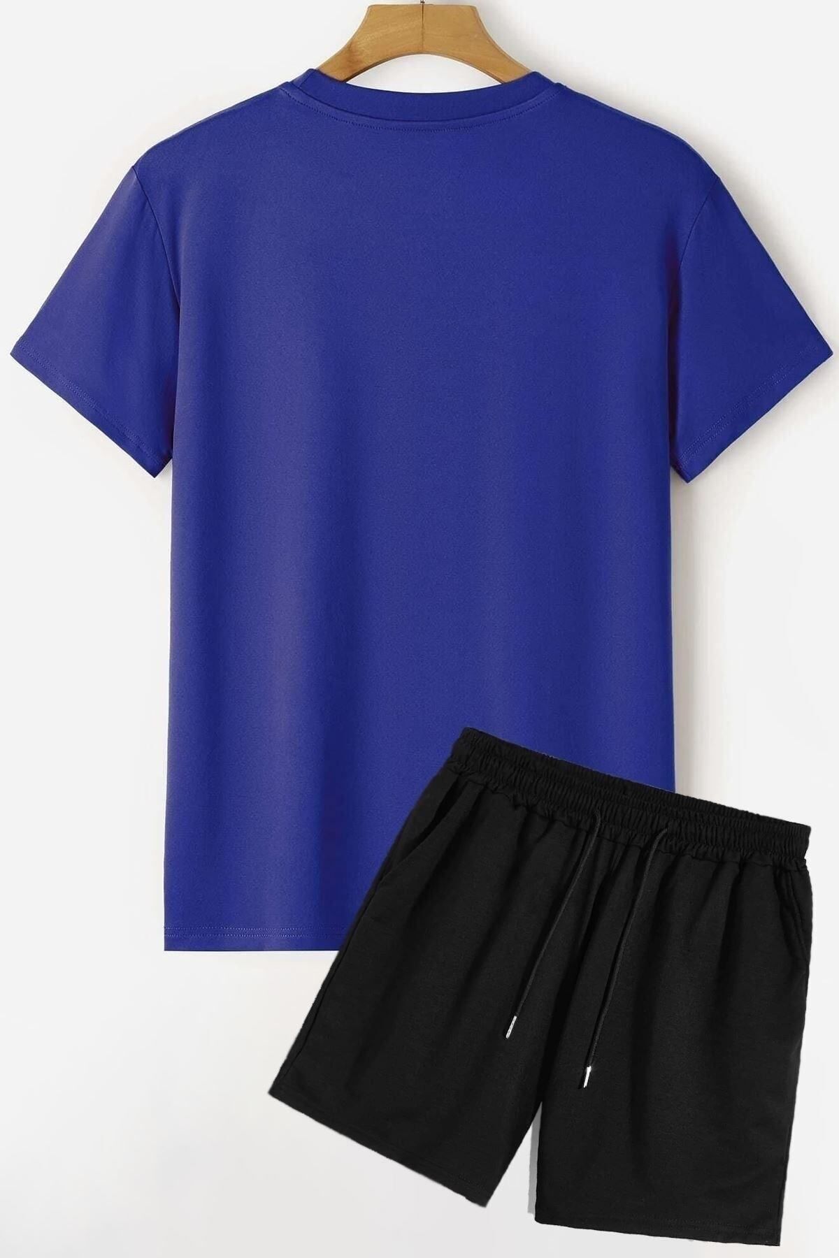 Mythologie-Sax Blue Black Basic T-Shirt Shorts Combination Set - Oversize Crew Neck 2