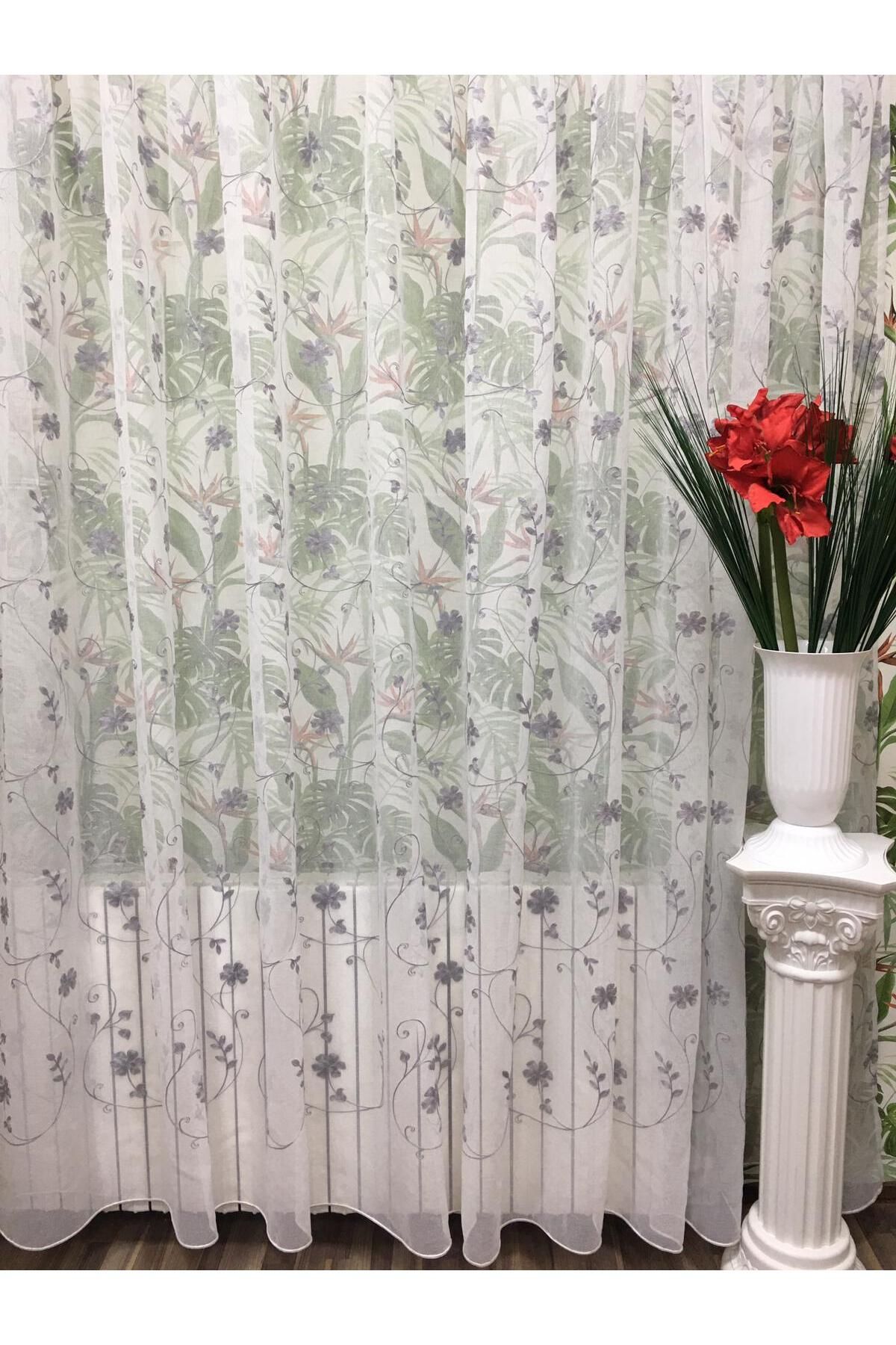 Liz Line Perdea Alba Cu Flori Gri, Din In, Colectia "inna" By Liz Line, 900x245cm, Cu Rejansa - - 900 x 245