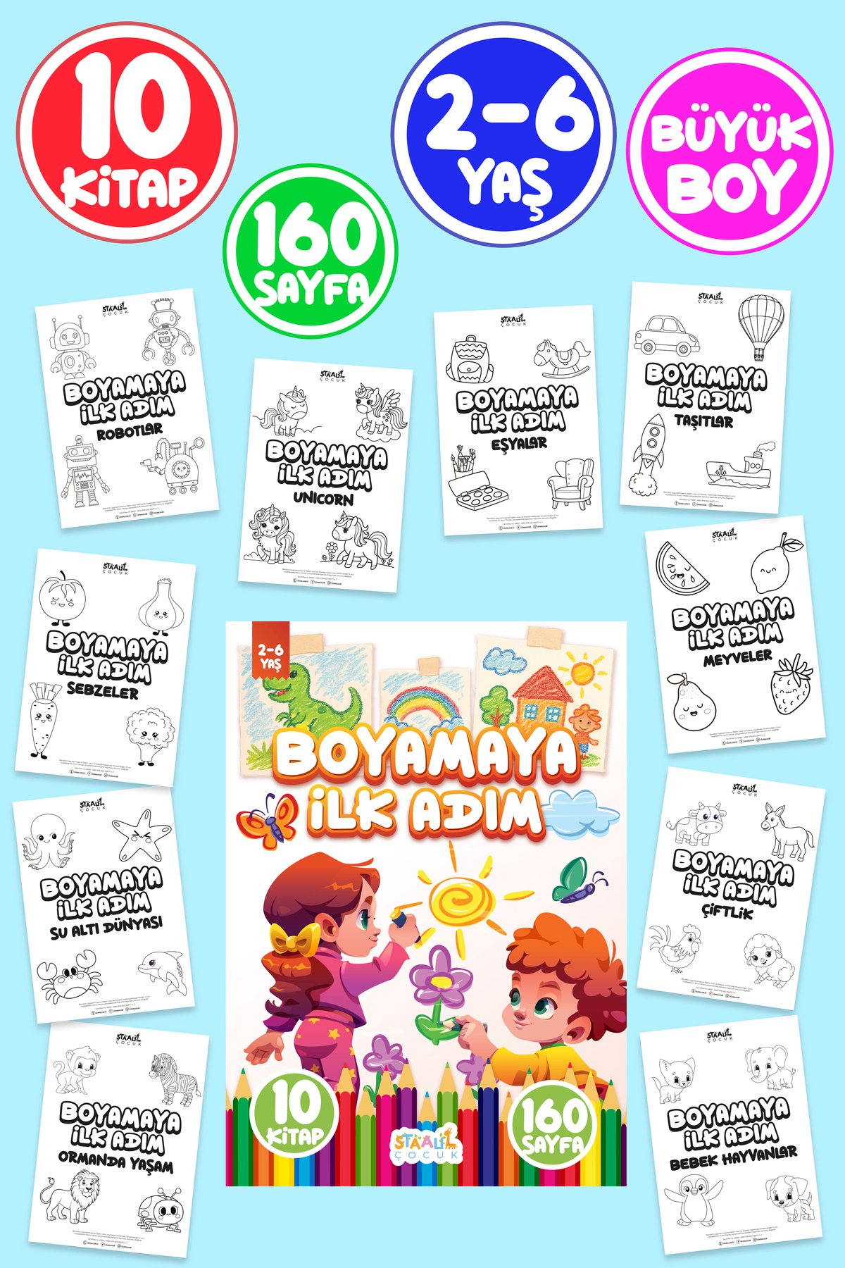 STAAU Çocuk Boyamaya Ilk Adım 2-6 Yaş - Okul Öncesi Boyama Kitabı Seti - 10 Kitap - 160 Sayfa