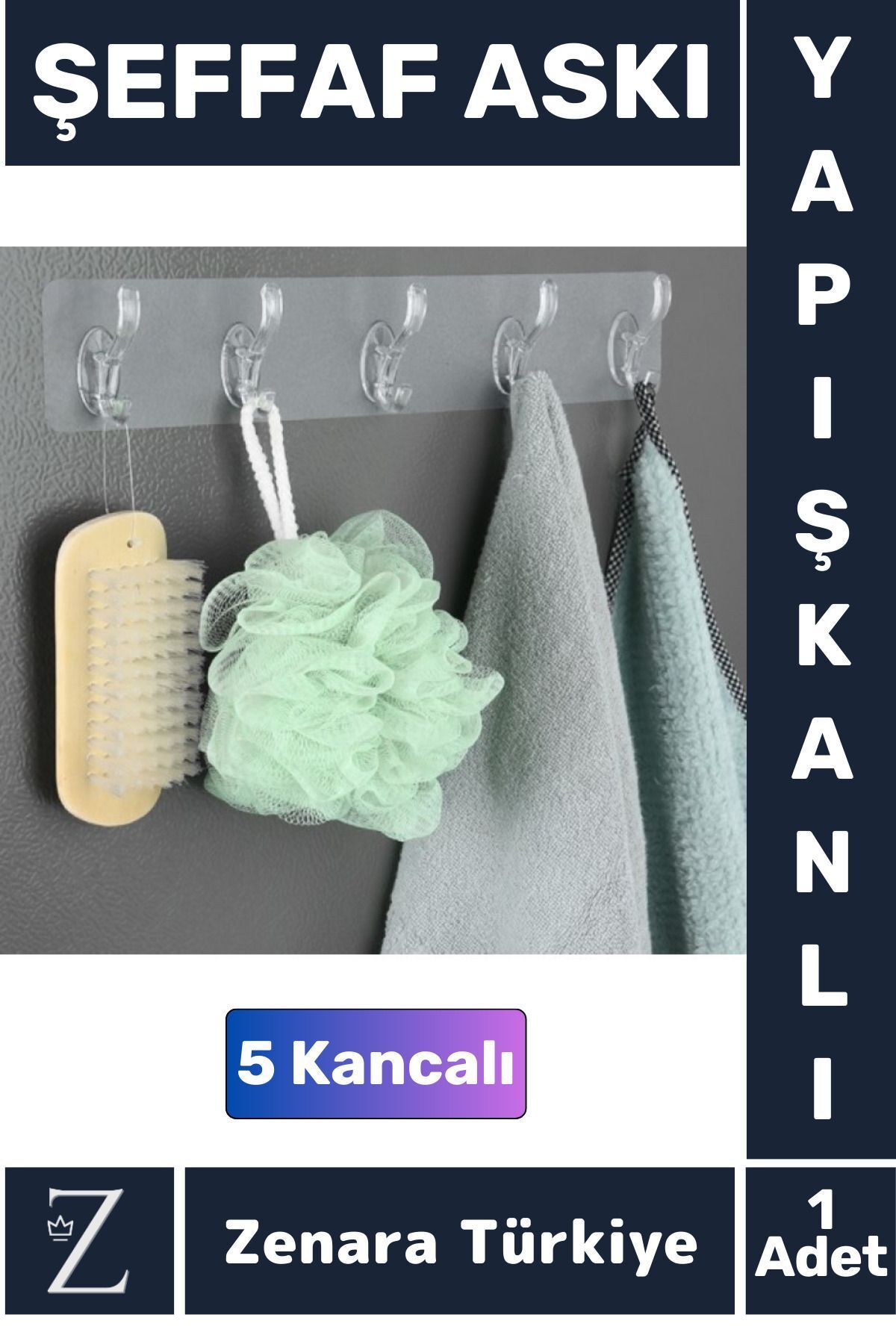 Zenara Premium Çok Fonksiyonlu Mutfak Banyo Askısı İz Bırakmaz Kendinden Yapışkanlı 5 Kancalı Askı Seti