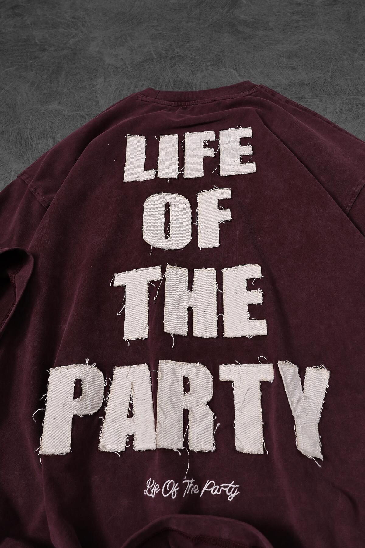 Slatra-Men's Burgundy Life of the Party Applique Dirty Embroidery Washed Oversize Tshirt 4