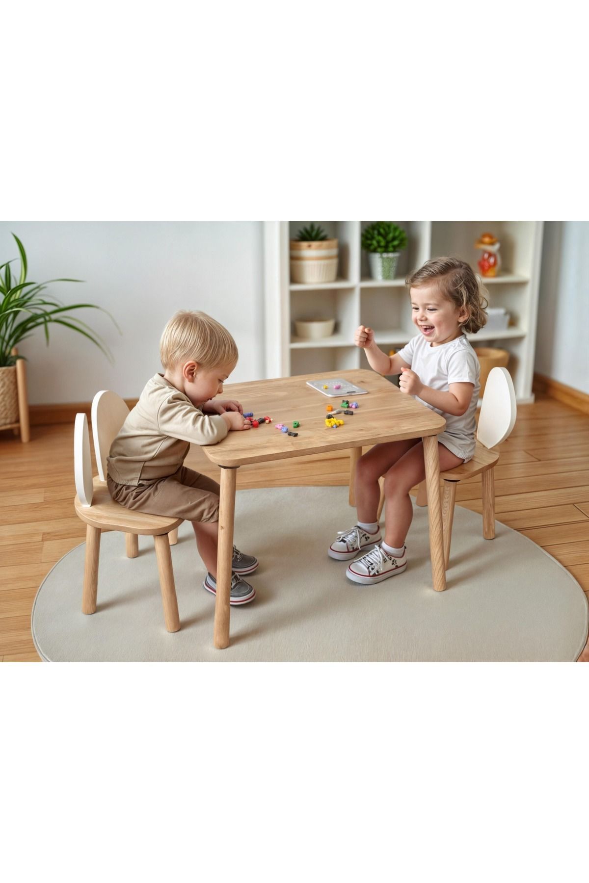 Bee Smart Safir Meşe Beyaz Kulak 2 Sandalyeli Aktivite Masası Çocuk Çalışma Masası