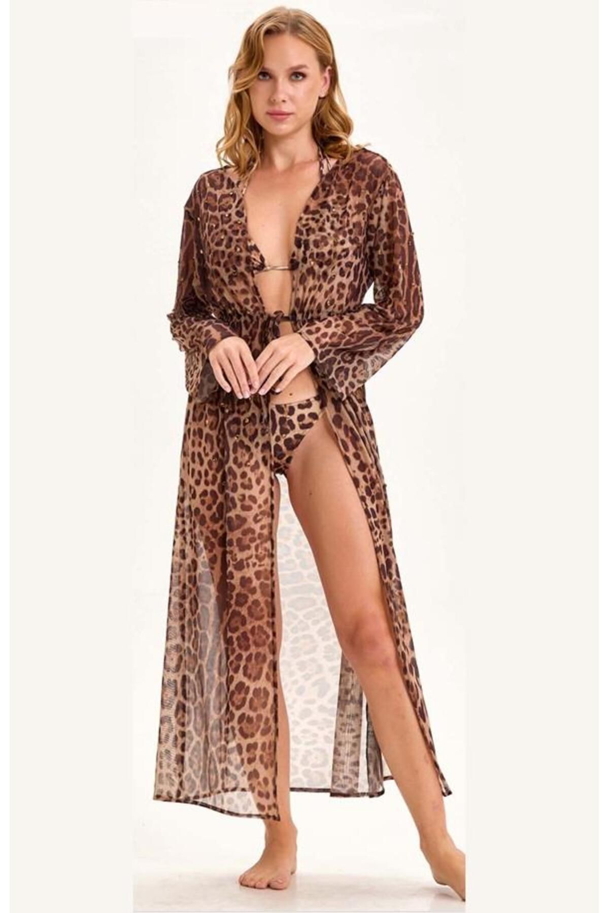 Argento-2106-2070 Leopard Pattern Stone Tied Long Pareo 3